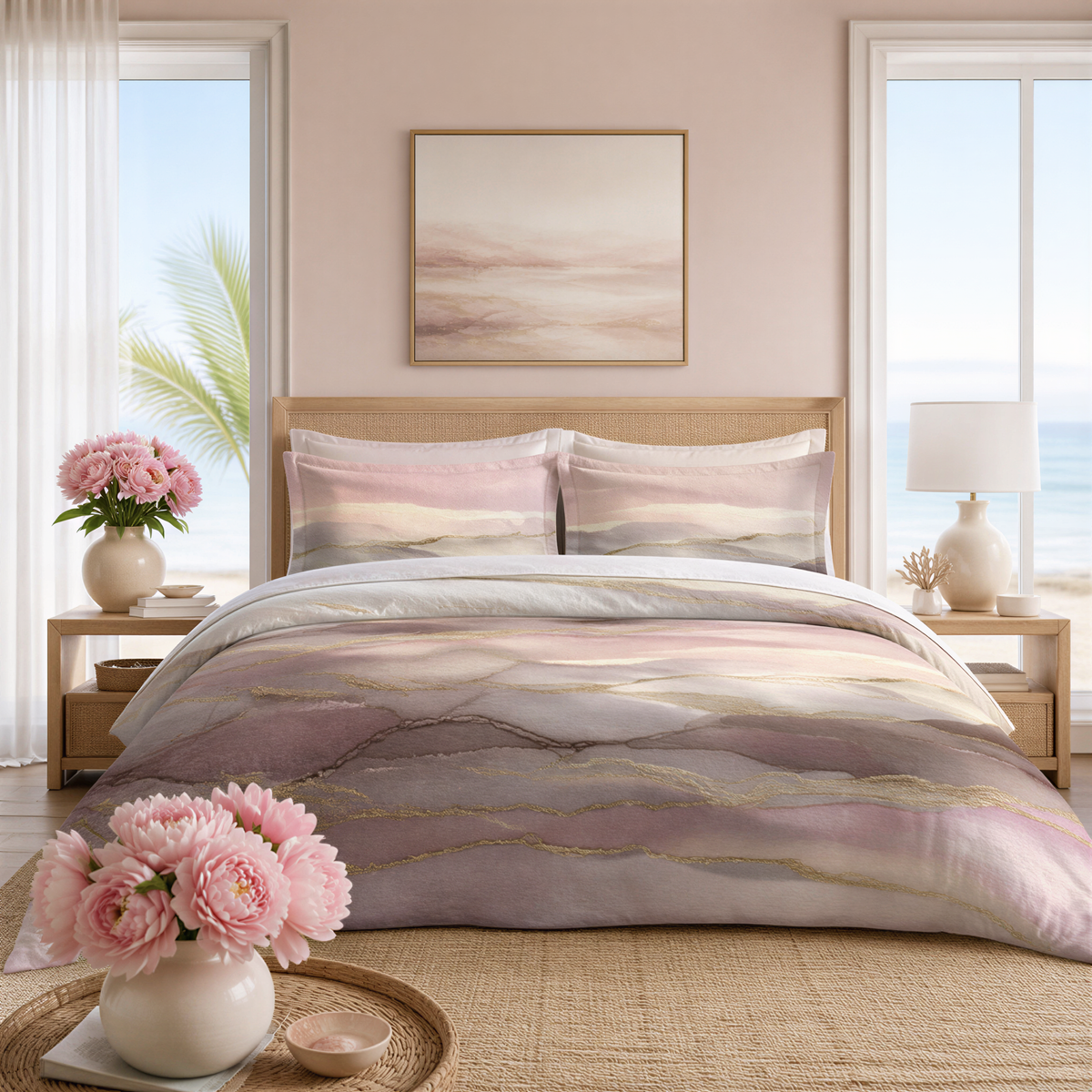 a serene and inviting bedroom with a large bed adorned with a colorful, abstract-patterned comforter and pillows. The bed is positioned in front of a window, offering a view of the ocean. The room is decorated with a vase of pink flowers on a nightstand, and a painting hangs above the bed. The overall color scheme of the room is a soothing blend of pink, white, and beige, creating a warm and relaxing atmosphere.