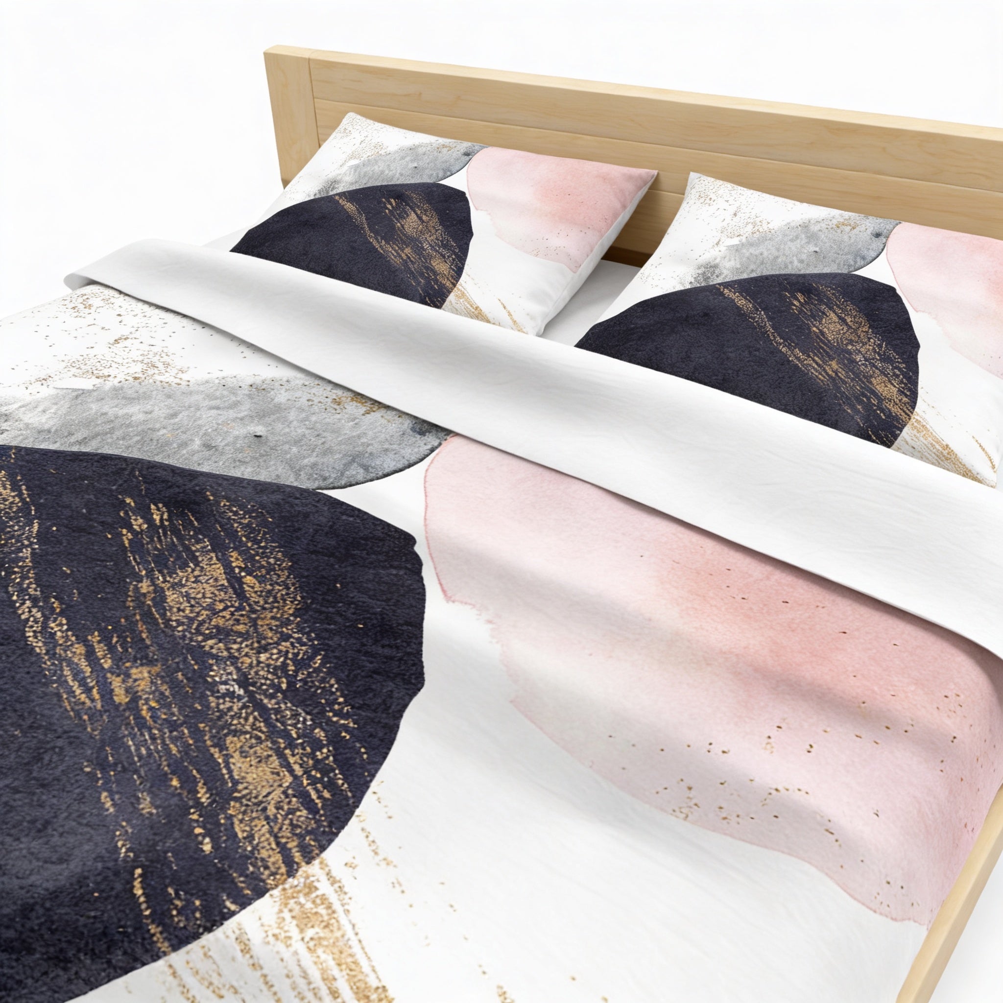 a bed with a white comforter and pillows, featuring a colorful abstract design with a mix of black, pink, and white colors.