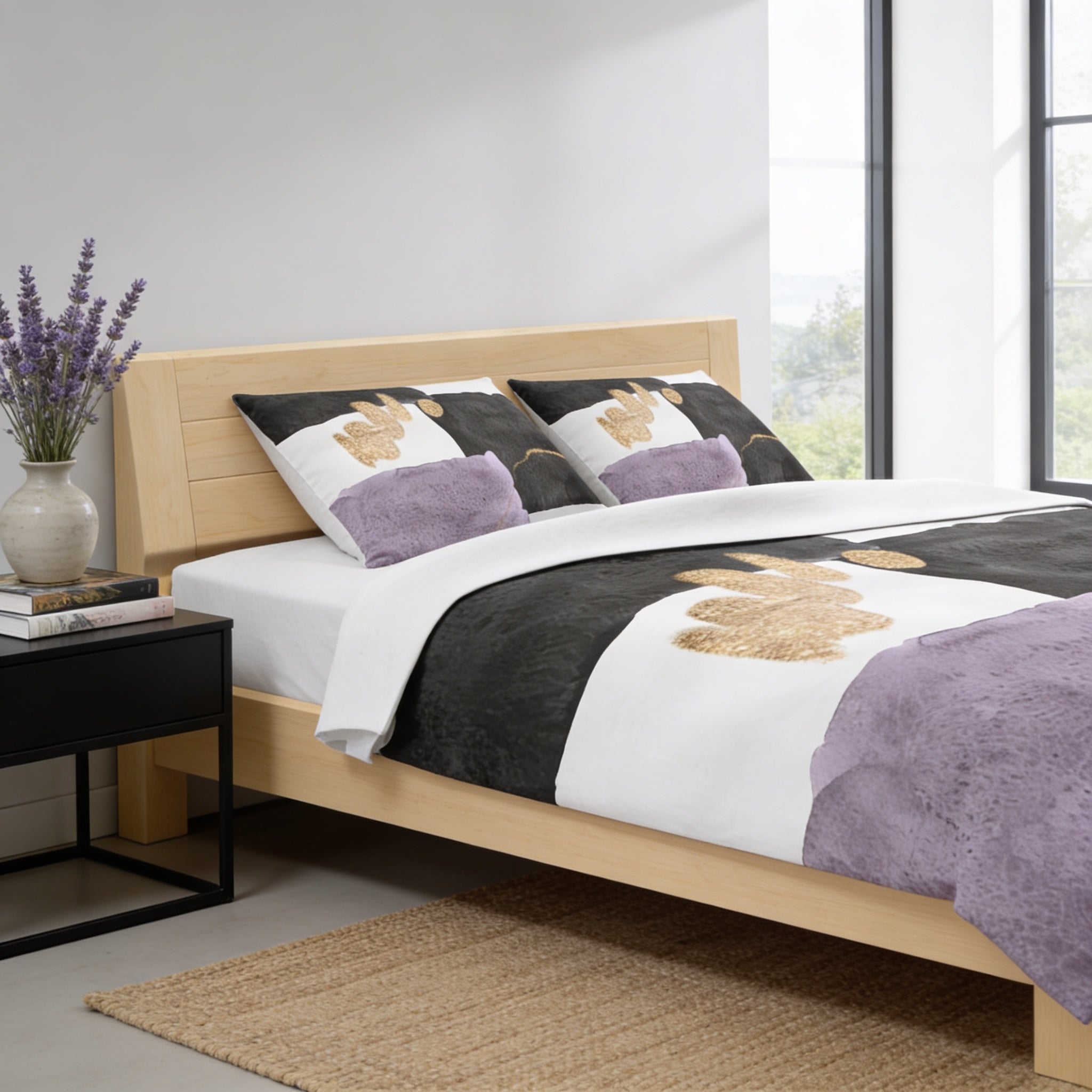 a modern bedroom with a wooden bed frame, a black nightstand, and a window overlooking a garden. The bed is dressed in a black and white comforter with a gold leaf design, and the room has a neutral color palette with a touch of purple accents.