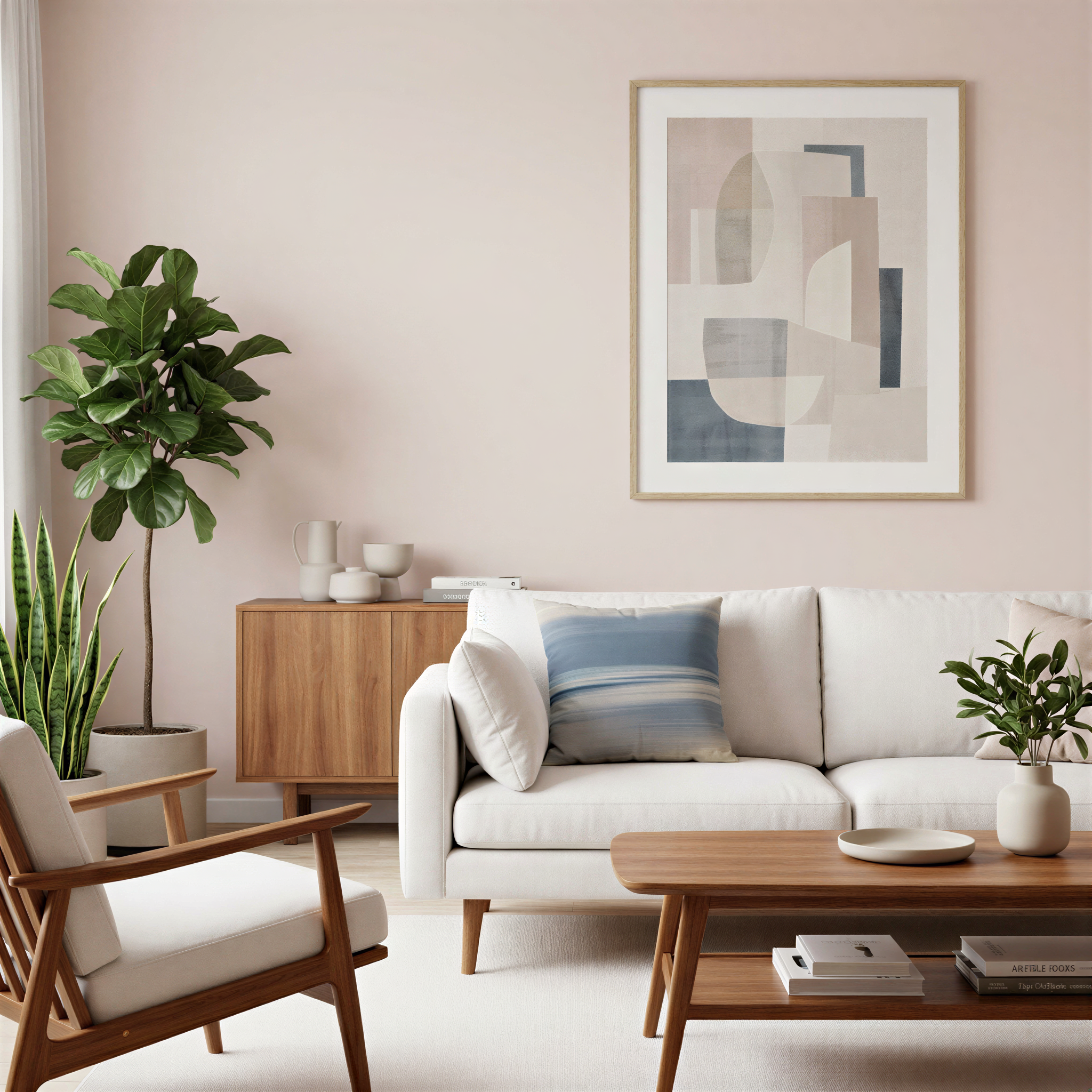 a cozy and inviting living room with a white sofa, wooden coffee table, and a framed abstract artwork on the wall. The room is decorated with potted plants and other home decor items, creating a warm and welcoming atmosphere.