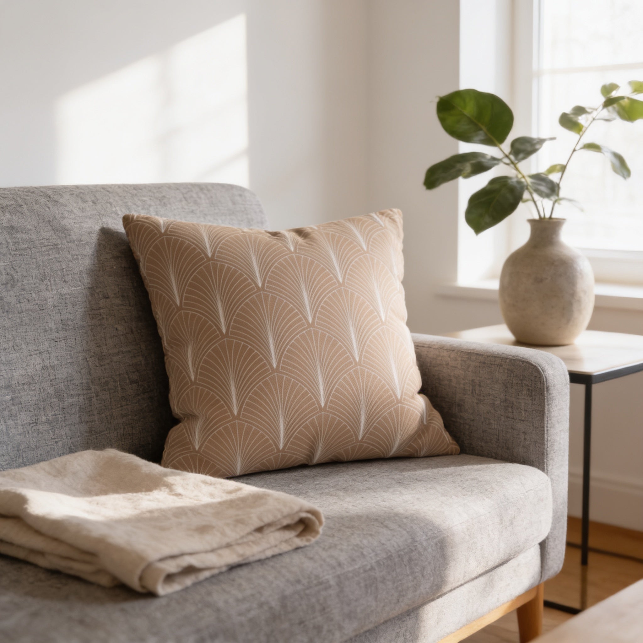 a gray sofa with a beige throw pillow, a small side table with a vase of green leaves, and a folded beige blanket on the seat.