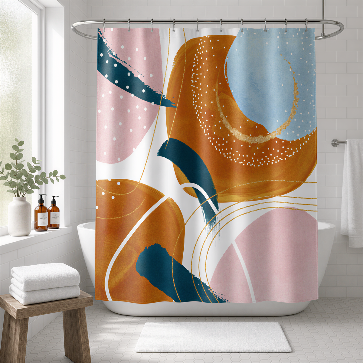 a bathroom with a colorful abstract shower curtain design in shades of orange, blue, and pink. The shower curtain is hanging from a rod, and there is a wooden stool in the foreground. The bathroom also has a window and some decorative elements, such as a potted plant and a bottle.