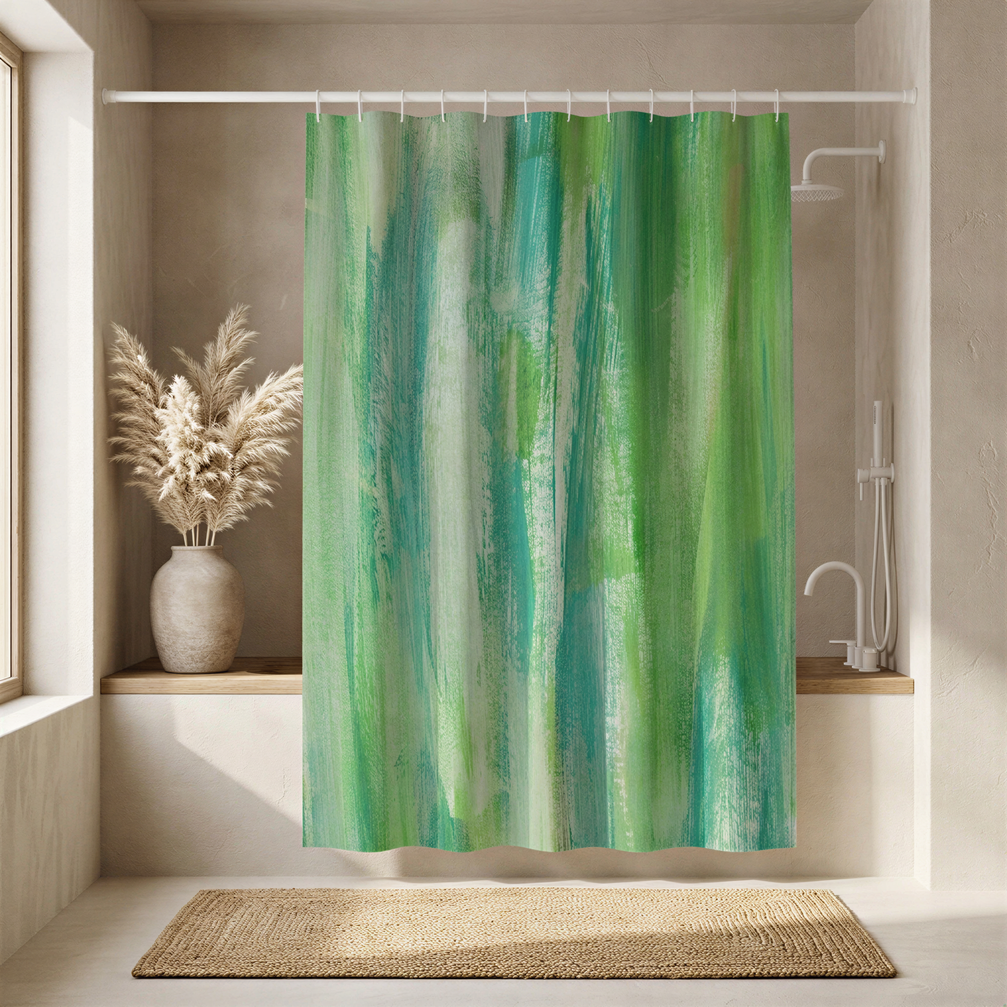 a bathroom with a shower curtain featuring a green and white abstract design hanging from a rod. The bathroom has a beige color scheme, and there is a vase of white flowers on a shelf next to the shower curtain.