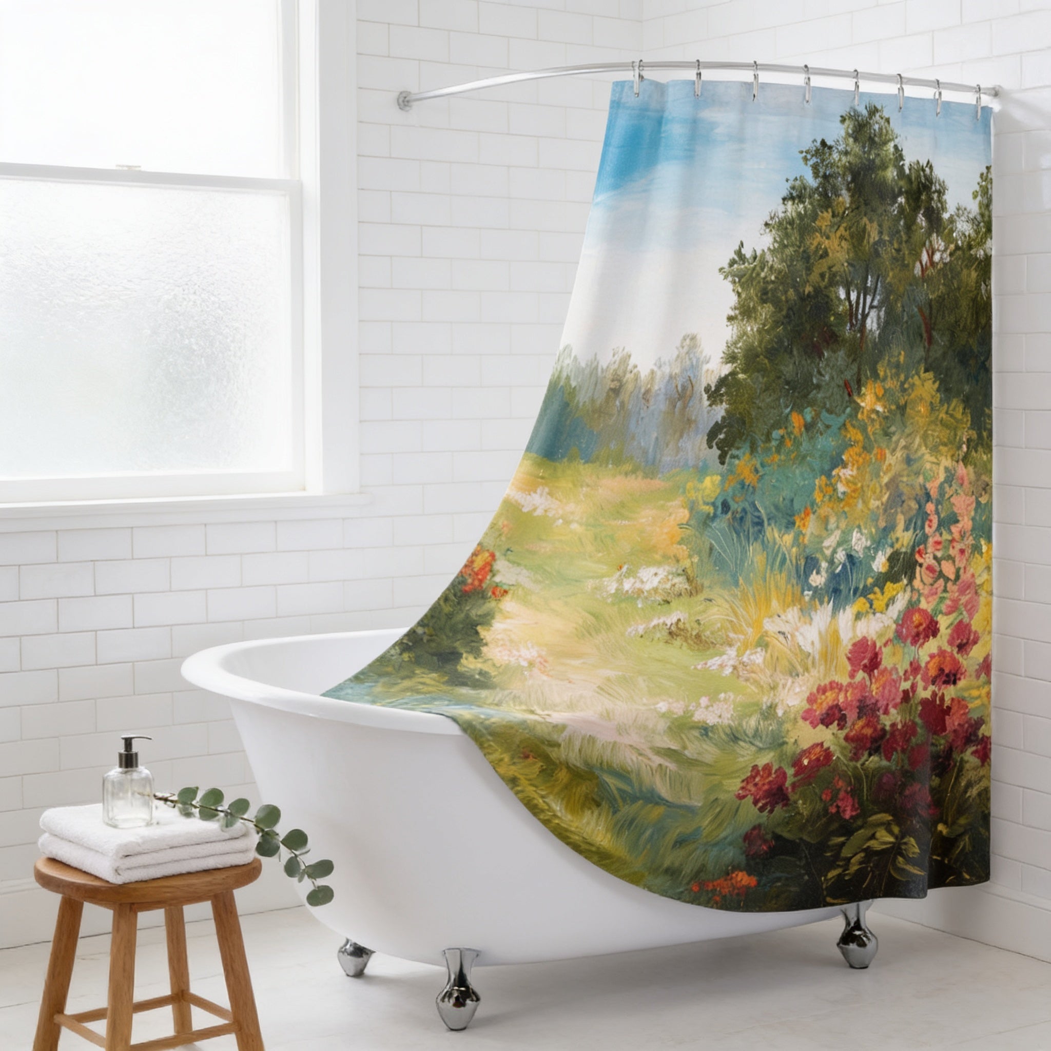 a bathroom with a white bathtub, a shower curtain with a colorful floral design, and a small wooden stool.