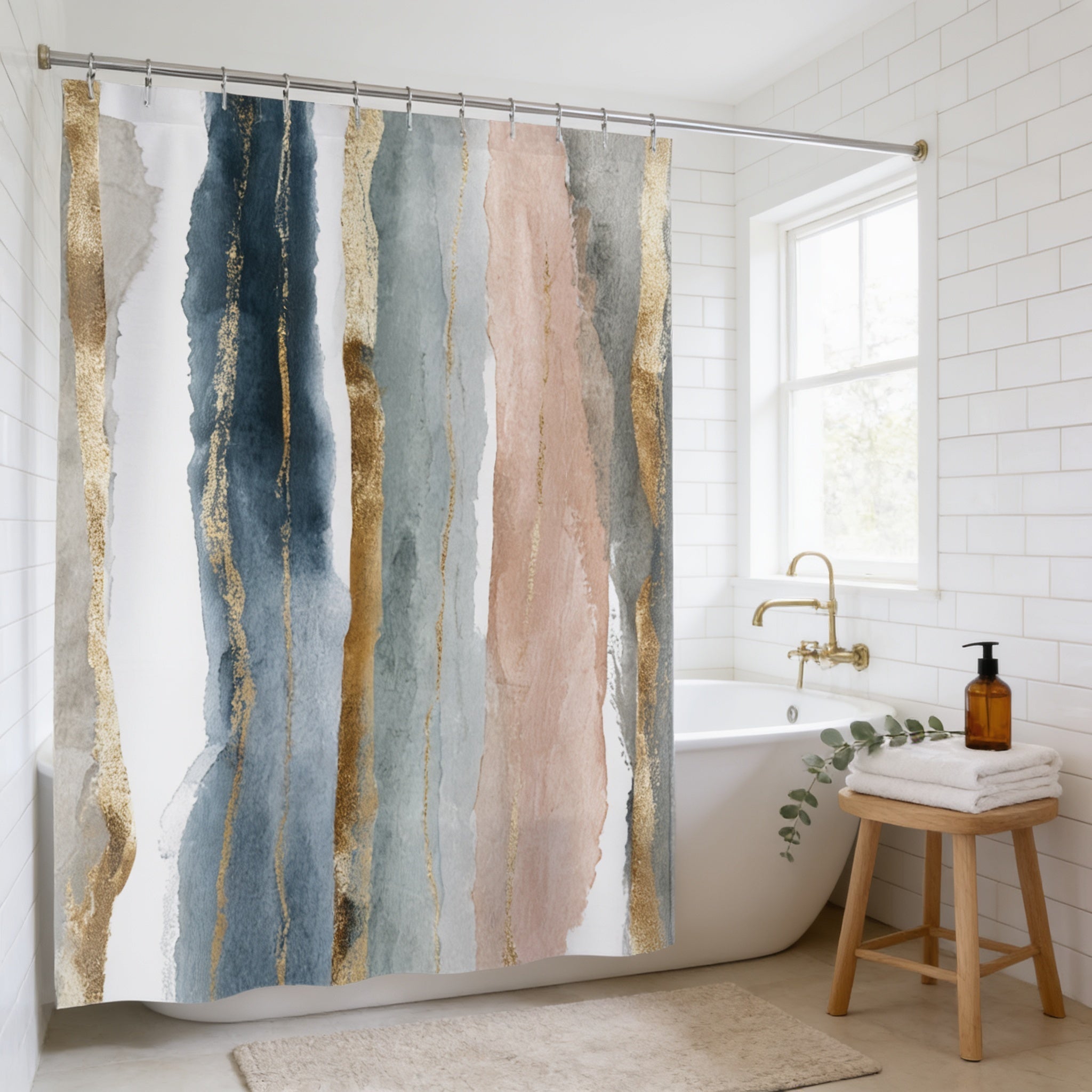 a bathroom with a white bathtub, a shower curtain with a colorful abstract design, and a wooden stool next to the bathtub.