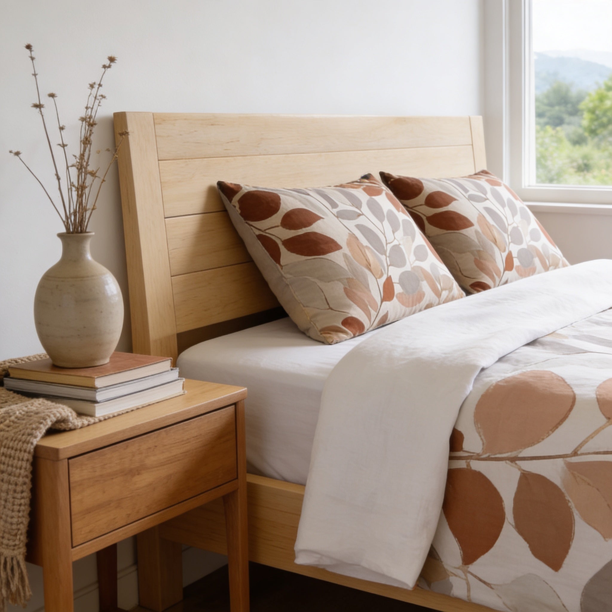 a cozy bedroom scene with a wooden bed frame, a wooden nightstand, and a vase of dried flowers. The bed is adorned with a white comforter and two patterned pillows, creating a warm and inviting atmosphere.
