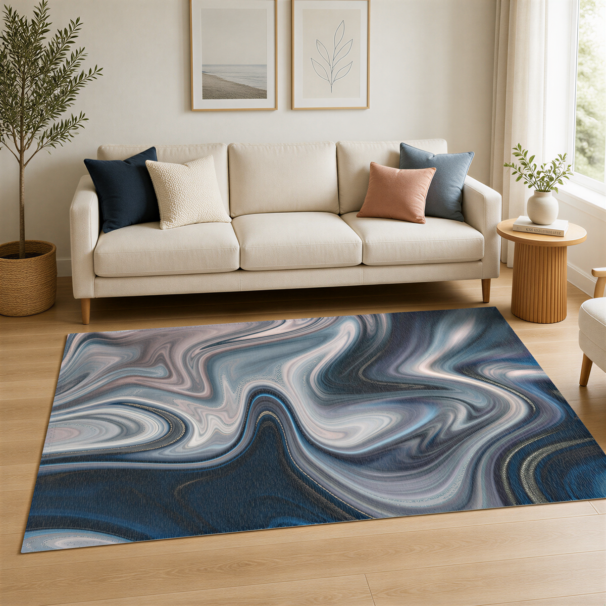 a living room with a white sofa, a large abstract rug with swirling patterns in shades of blue and gray, and a potted plant on a wooden side table.
