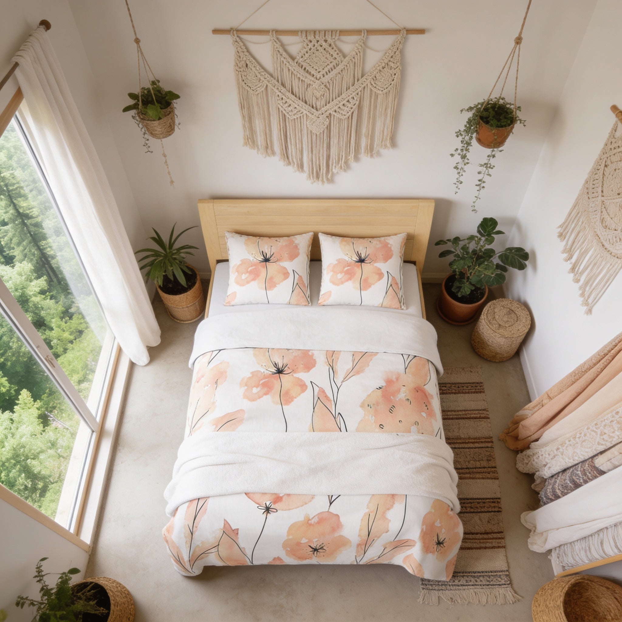 a cozy bedroom with a floral-patterned bedspread, a wooden headboard, and various decorative elements such as a macrame wall hanging, potted plants, and a woven basket.