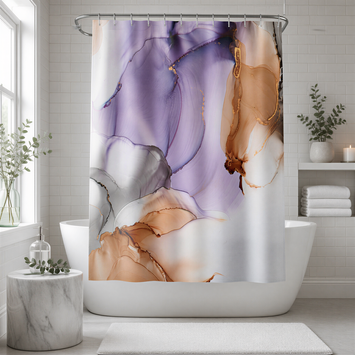 a bathroom with a white bathtub, a marble countertop, and a shower curtain with a colorful abstract design in shades of purple, orange, and gray.