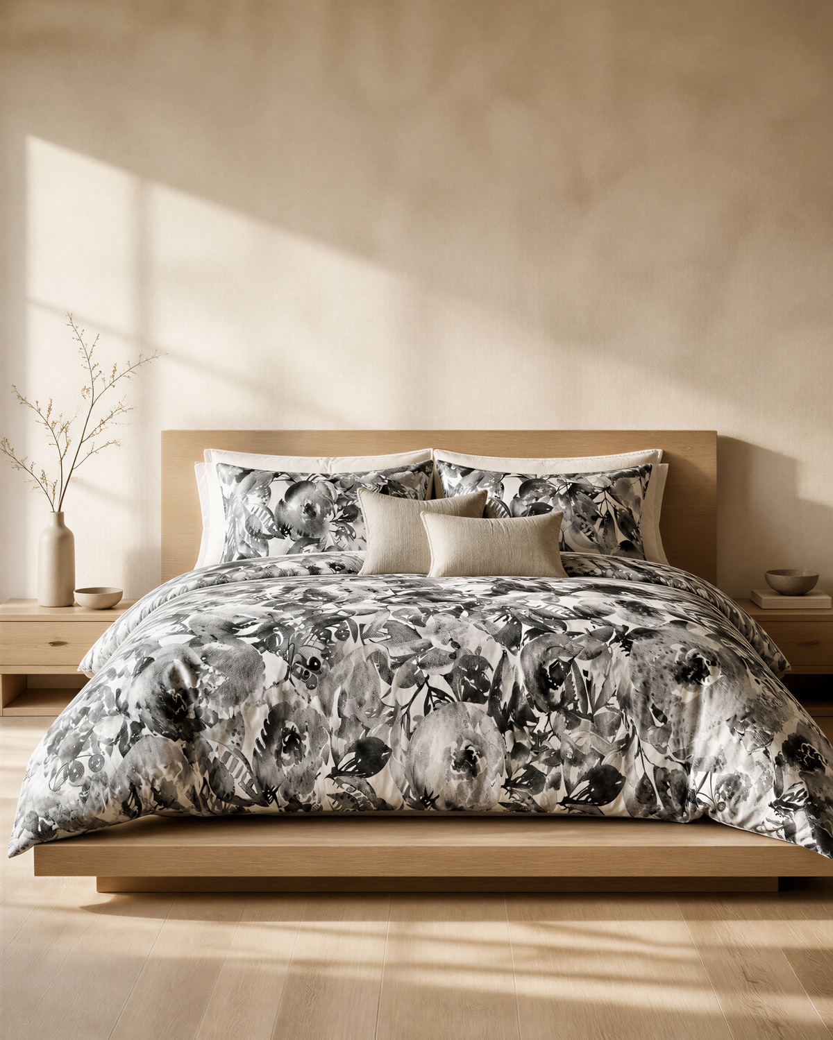 a modern bedroom with a large bed adorned with a black and white floral comforter and matching pillows. The bed is set against a light-colored wall, and there is a wooden headboard. A small side table is also present in the room, with a vase and a bowl on it.