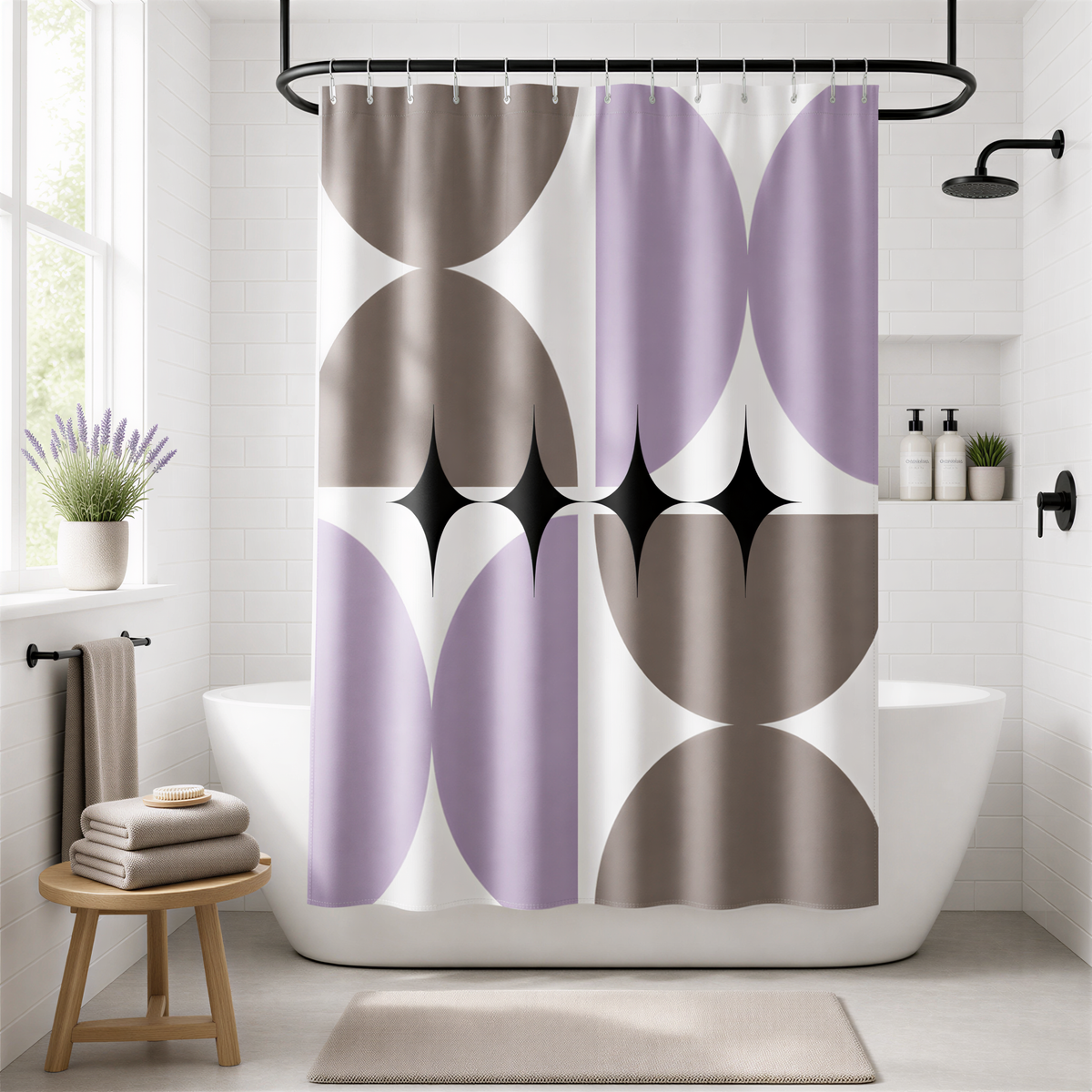 a modern bathroom with a white bathtub, a shower curtain featuring a geometric design in shades of purple and brown, and a wooden stool.