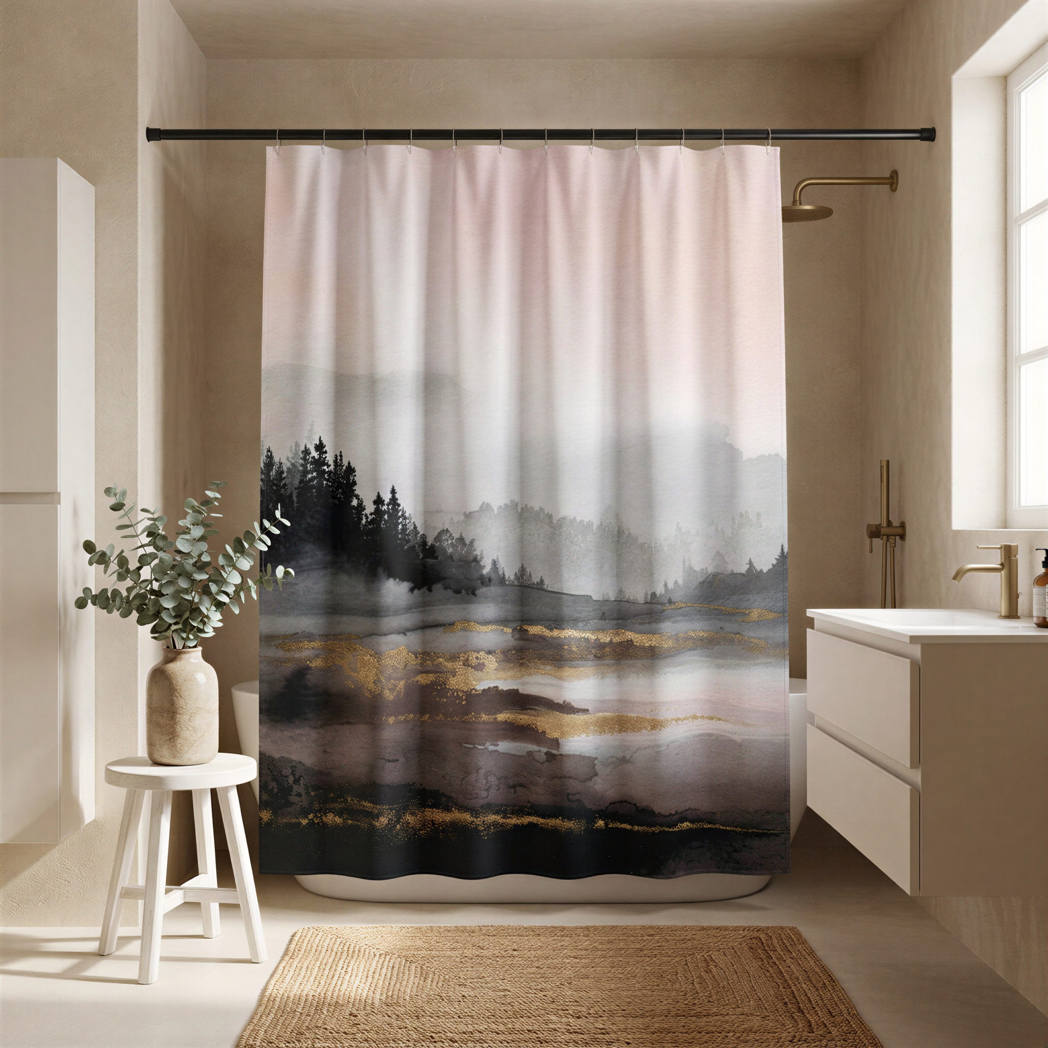 a bathroom with a shower curtain that depicts a landscape scene, including mountains, trees, and a body of water. The shower curtain is hanging from a rod above the bathtub. The bathroom also includes a sink, a vase with greenery, and a rug on the floor.