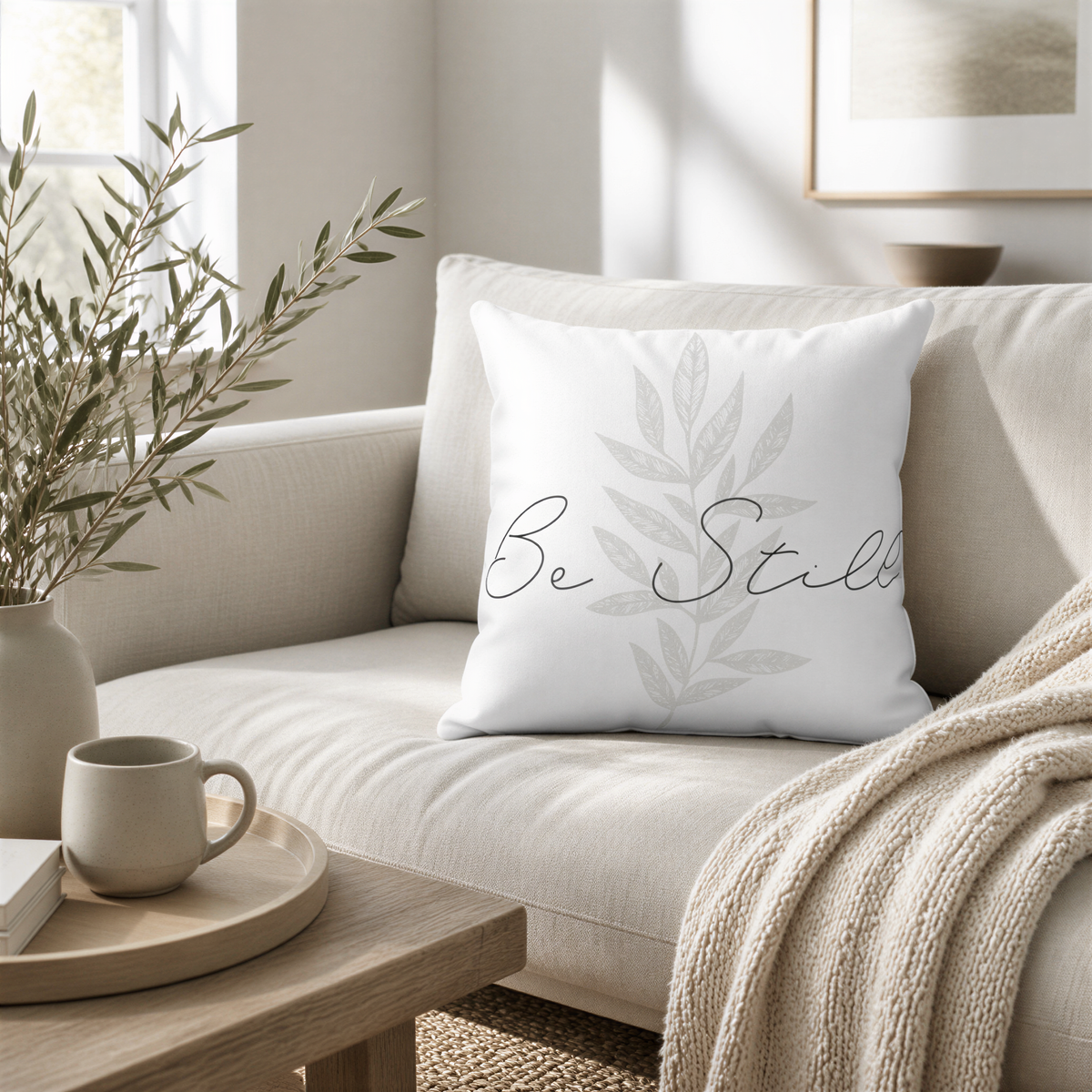 A cozy living room with a beige sofa, a coffee table, and a decorative pillow with the phrase "Be Still" on it.