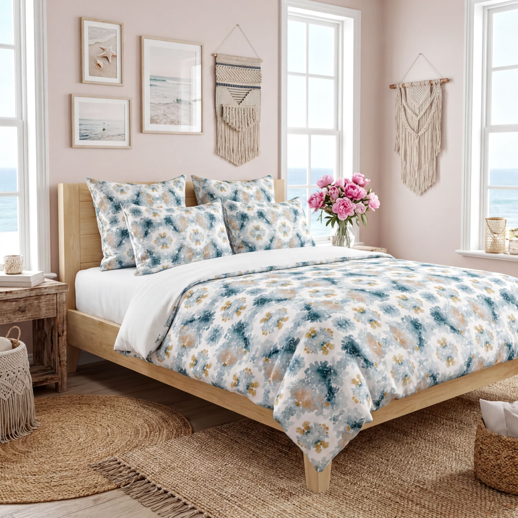 a cozy bedroom with a large bed, a wooden headboard, and a floral patterned comforter. The room has a coastal theme, with a woven rug, a woven basket, and a hanging macrame wall decoration. The walls are decorated with framed pictures and a macrame wall hanging, creating a warm and inviting atmosphere.
