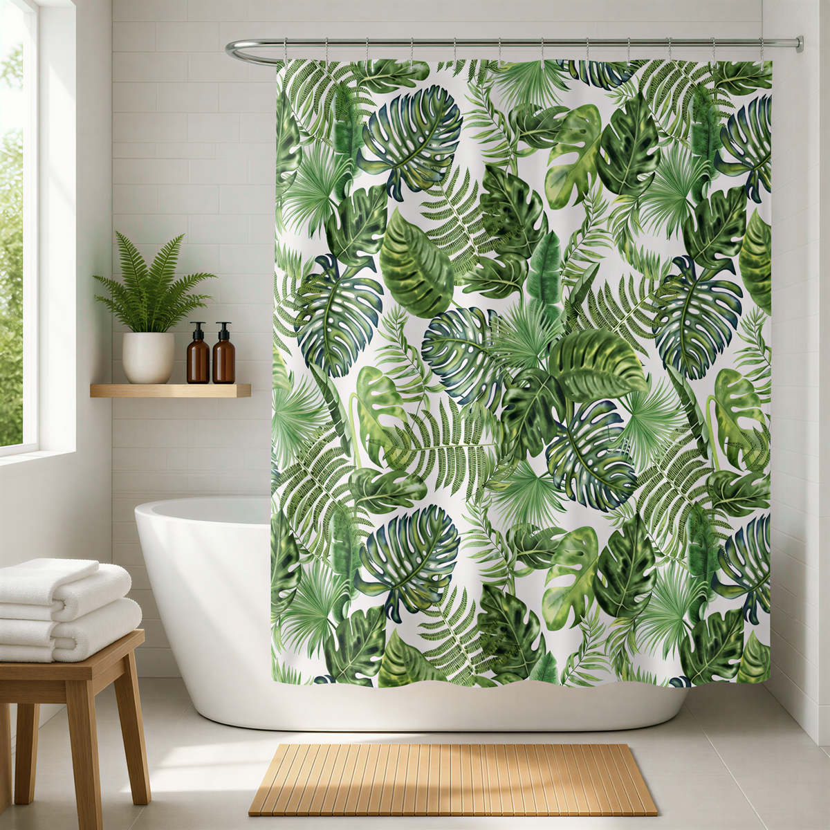 a bathroom with a white bathtub, a shower curtain with a tropical leaf pattern, and a wooden stool.