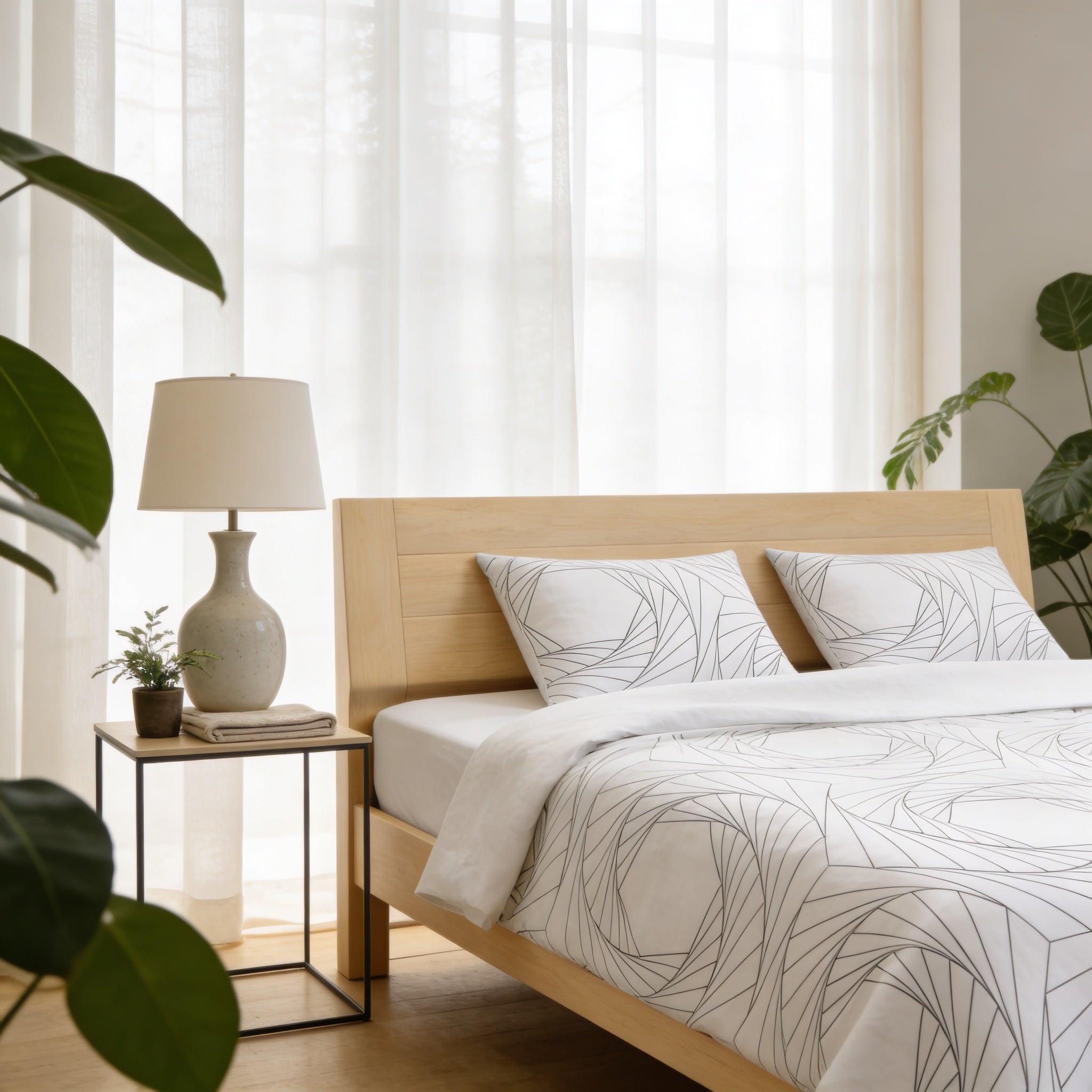 a serene and modern bedroom with a wooden bed frame, a white lamp, and a plant on a small side table.