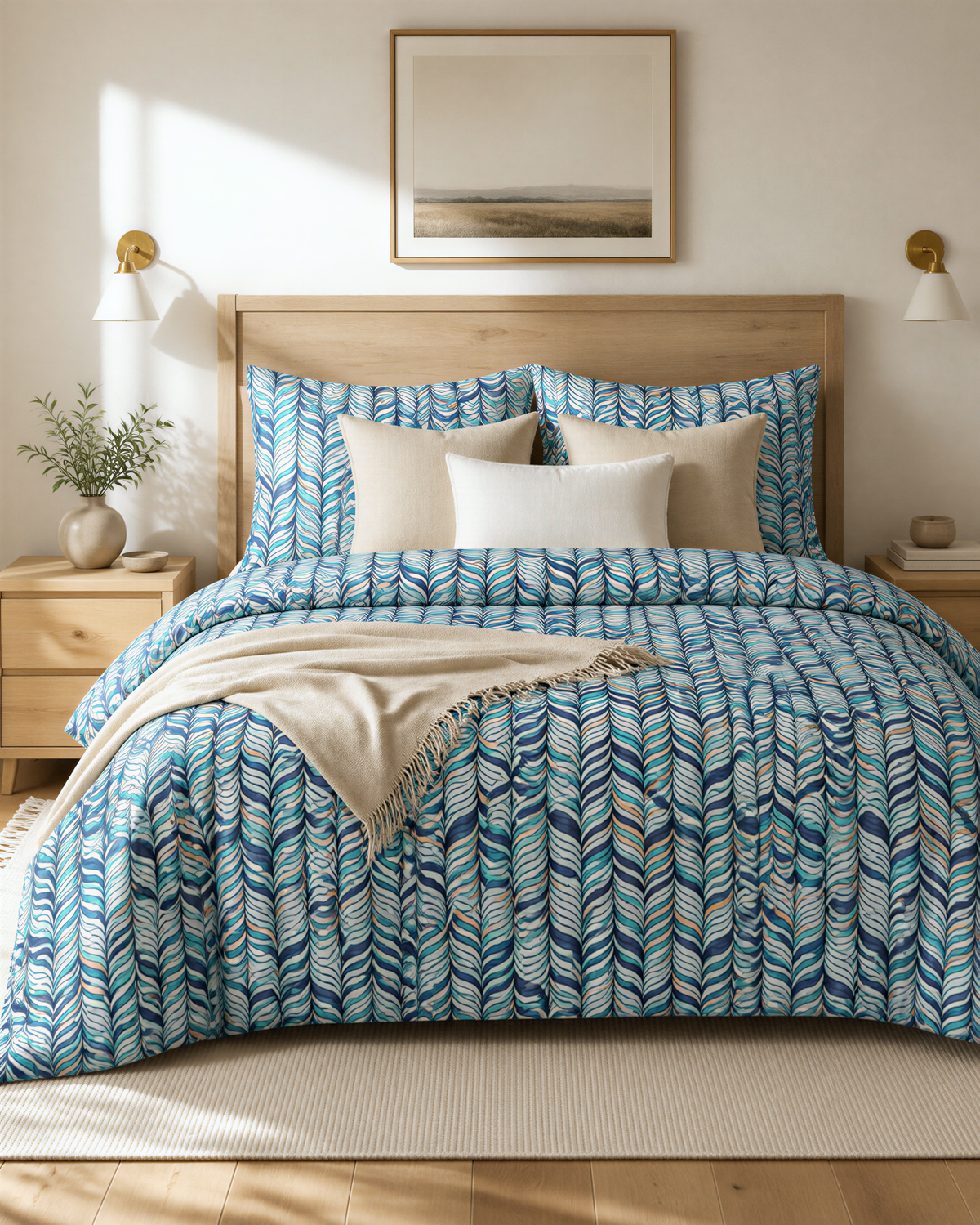 a cozy and inviting bedroom with a large bed adorned with a blue and white patterned comforter and pillows. The bed is framed by a wooden headboard, and the room features a wooden floor and white walls. The bed is also accompanied by a nightstand and a framed picture on the wall.