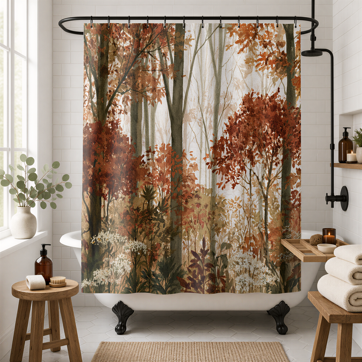 a bathroom with a shower curtain featuring a forest scene, including trees and foliage in shades of brown and green. The bathroom has a white bathtub, wooden stools, and a wooden shelf with various items.