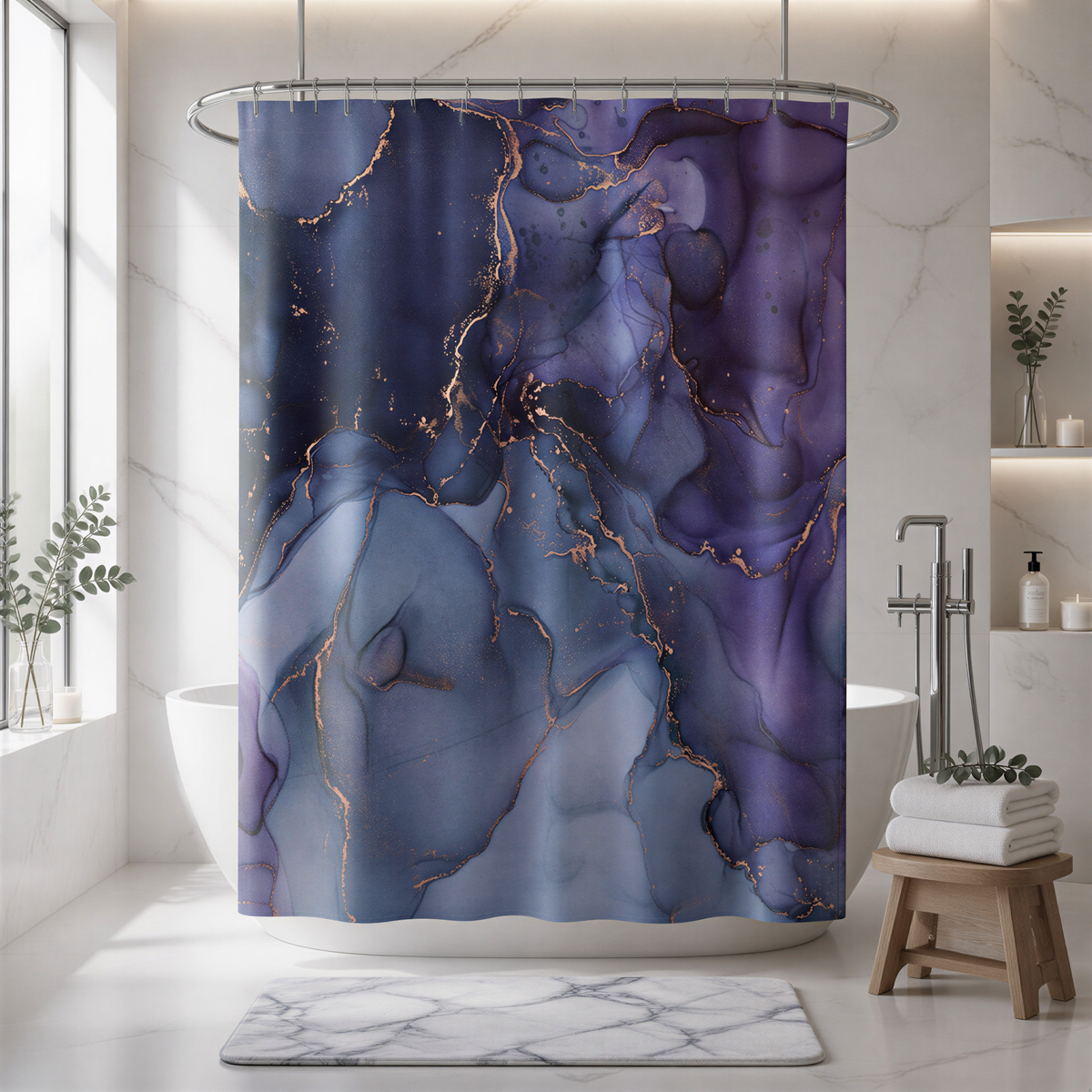 a bathroom with a shower curtain that has a marble-like pattern in shades of blue and purple, with gold accents. The shower curtain is hanging from a rod above a white bathtub. The bathroom also includes a wooden stool, some plants, and a marble-like pattern on the floor.