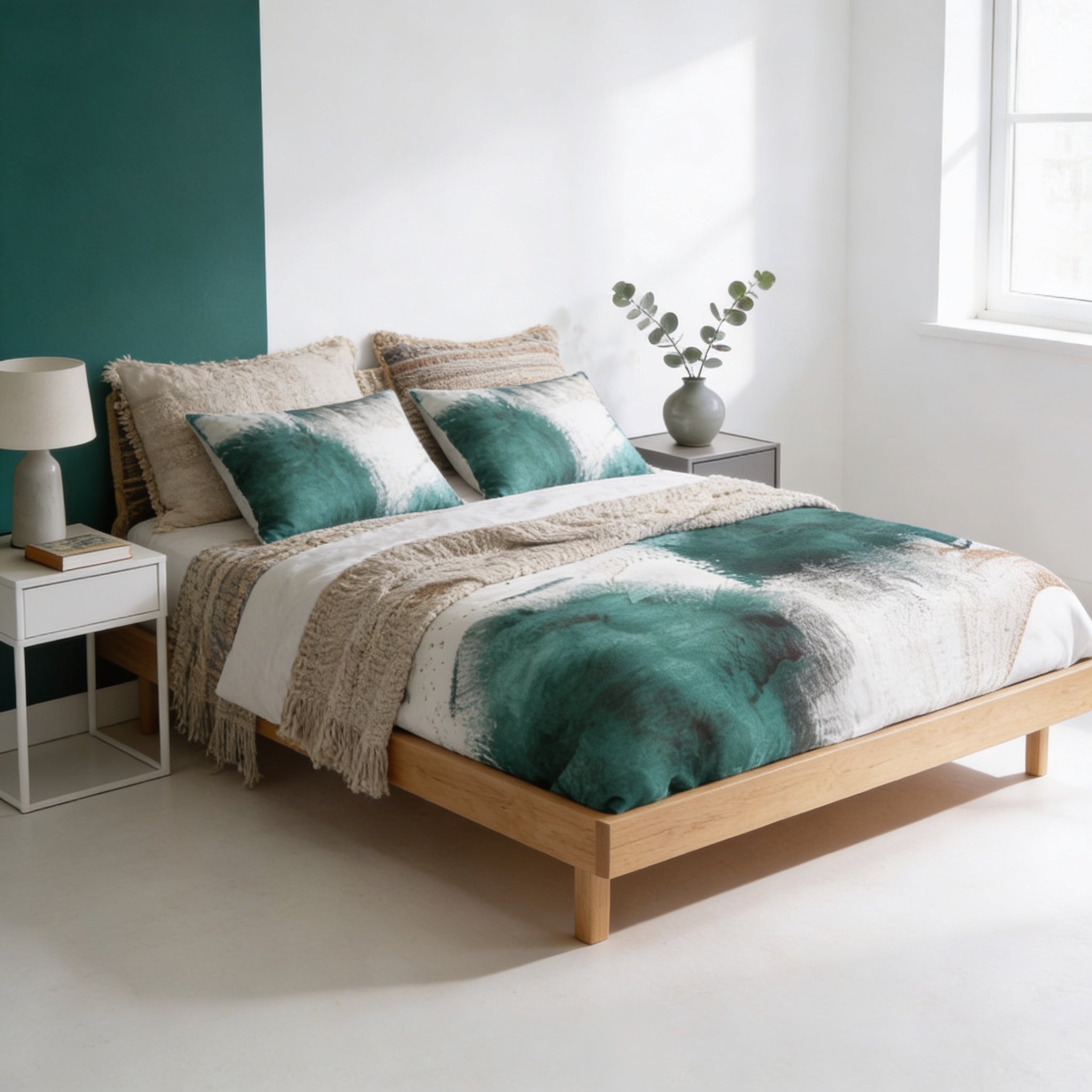 a modern bedroom with a large bed, a nightstand, and a lamp. The bed has a green and white patterned comforter and pillows, and the room has a white and green color scheme.