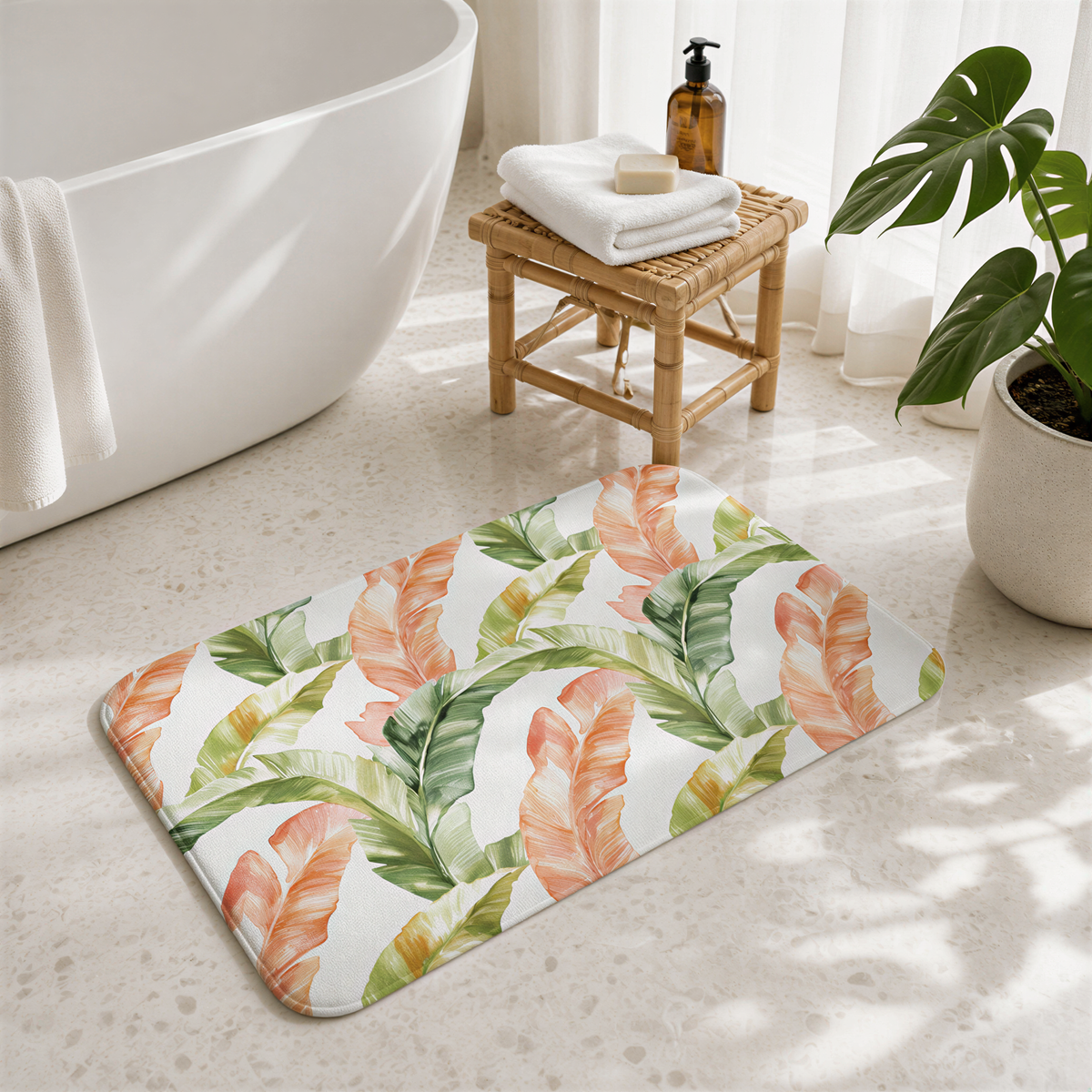 a bathroom with a white bathtub, a wooden stool with a towel and soap, and a potted plant. The floor is covered with a colorful bath mat with a tropical leaf pattern.