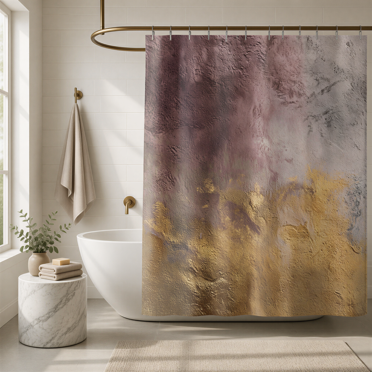 a bathroom with a white bathtub, a marble stool, and a large abstract shower curtain with a gold and purple color scheme.