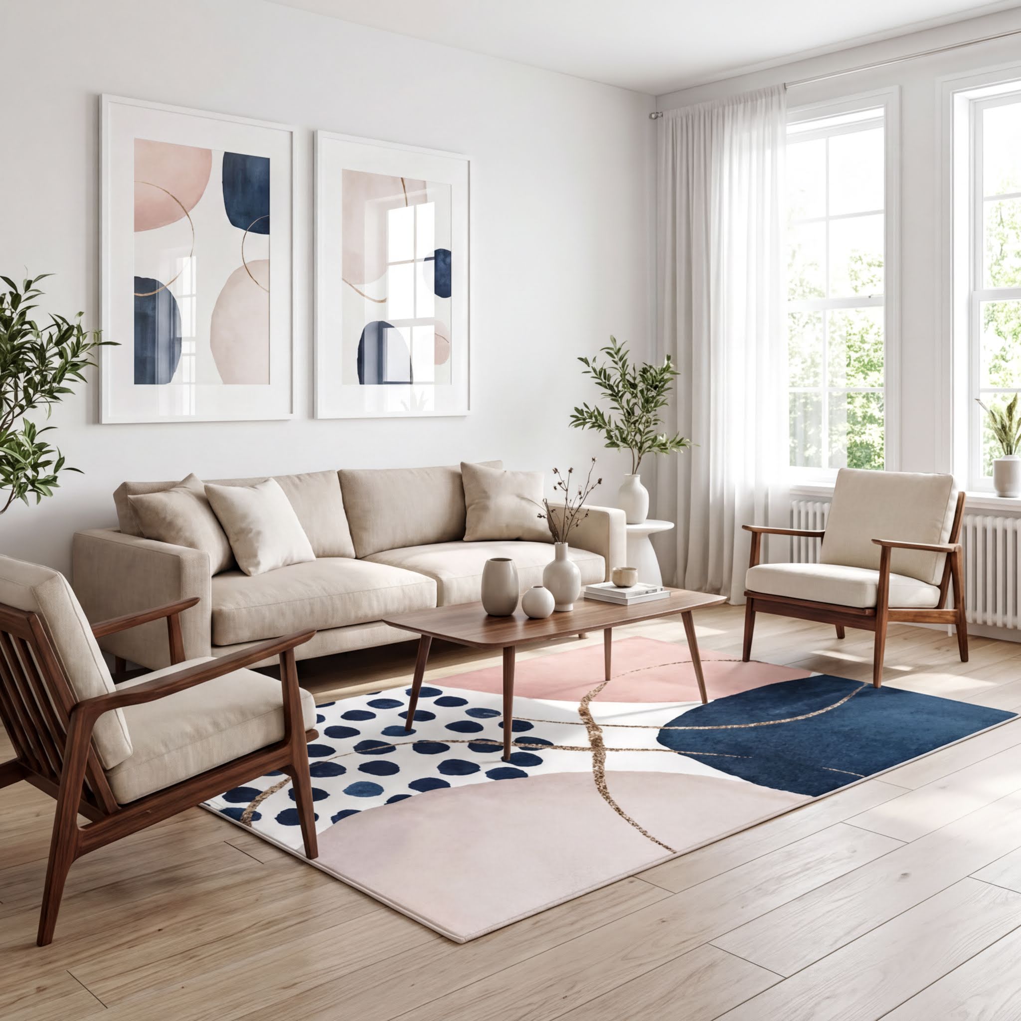 a modern living room with a beige sofa, two armchairs, a wooden coffee table, and a patterned area rug. The room is decorated with abstract art on the walls and potted plants, creating a stylish and inviting atmosphere.