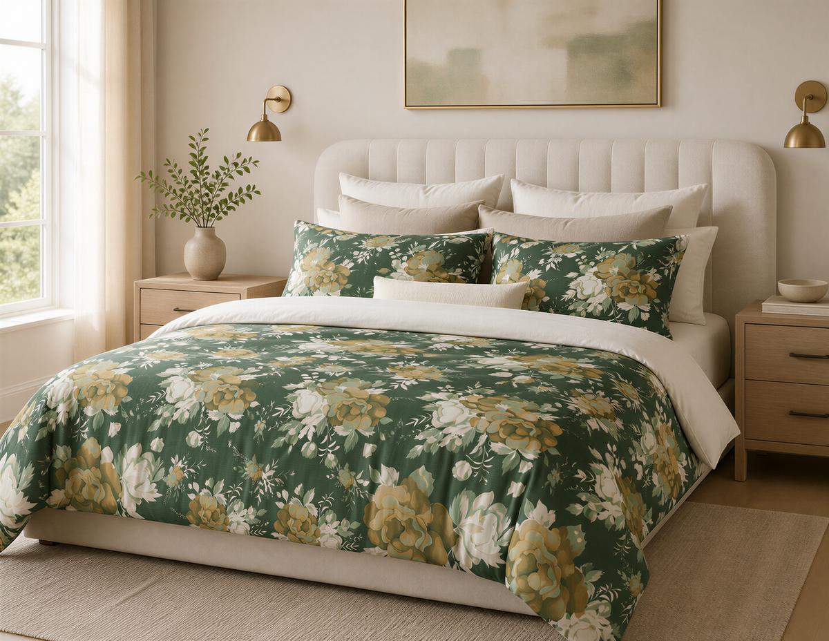 a well-decorated bedroom with a large bed, a nightstand, and a window. The bed is covered in a floral comforter and has several pillows. The room has a neutral color scheme with a green and white floral bedspread, and the overall design creates a cozy and inviting atmosphere.