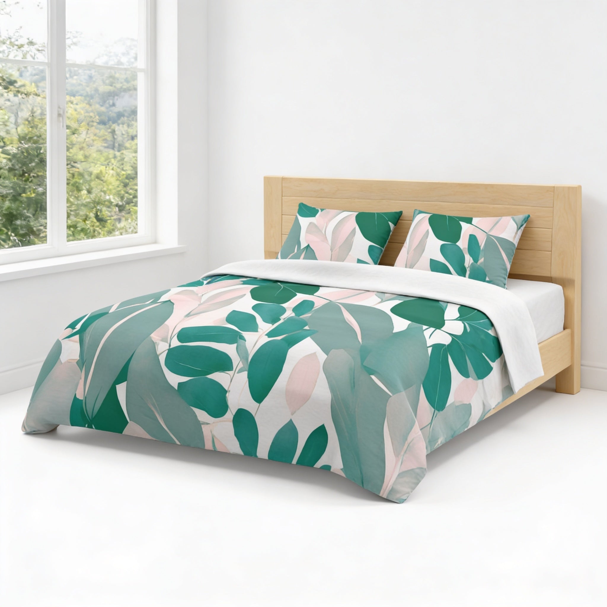 a bedroom with a bed featuring a green and white leaf patterned comforter and pillows. The bed is positioned against a white wall, and there is a window nearby.
