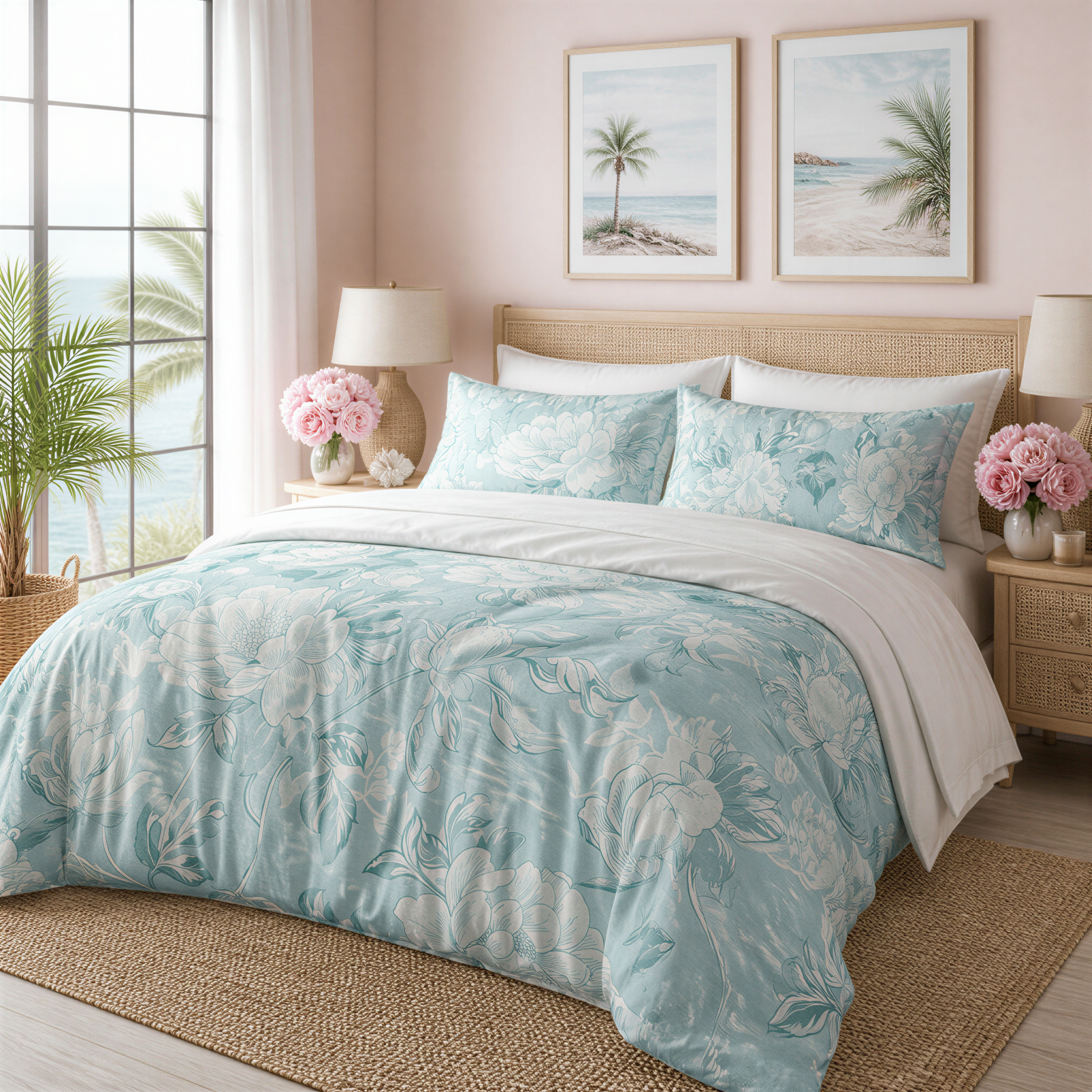 a serene and inviting bedroom with a large bed adorned with a blue and white floral comforter and matching pillows. The room is decorated with two framed pictures of a beach scene, and a large window offers a view of the ocean. The overall color scheme and arrangement of the room create a calming and relaxing atmosphere.