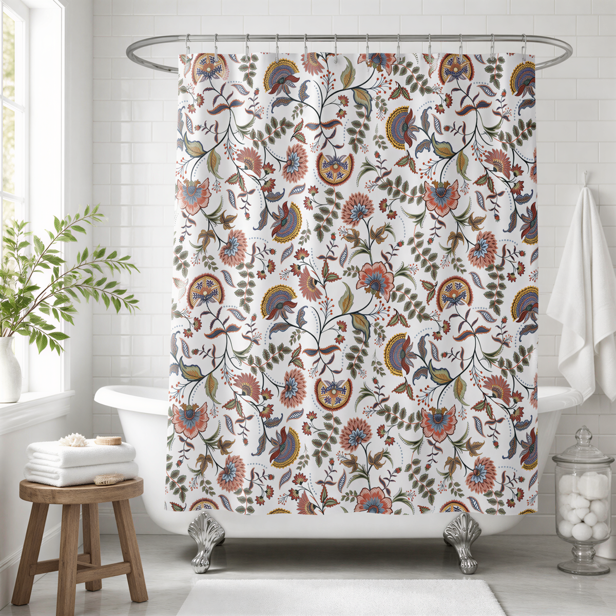 a bathroom with a white bathtub, a colorful floral shower curtain, a wooden stool, and a glass jar with white balls.