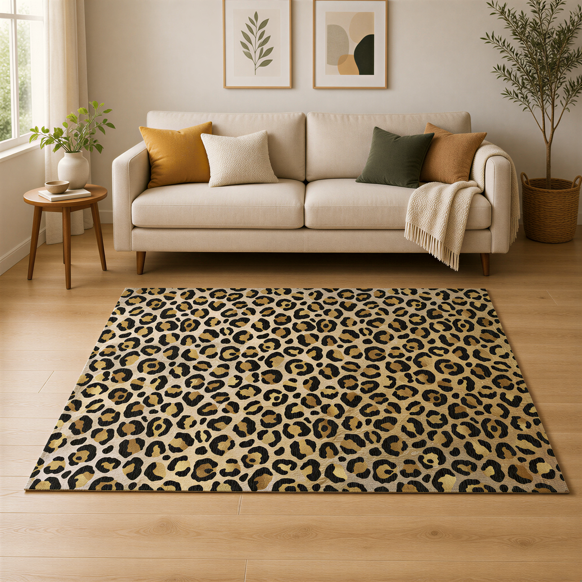 a living room with a beige sofa, a leopard print rug, and a wooden side table with a plant. The room has a neutral color scheme with a touch of nature from the potted plant and the vase with greenery.