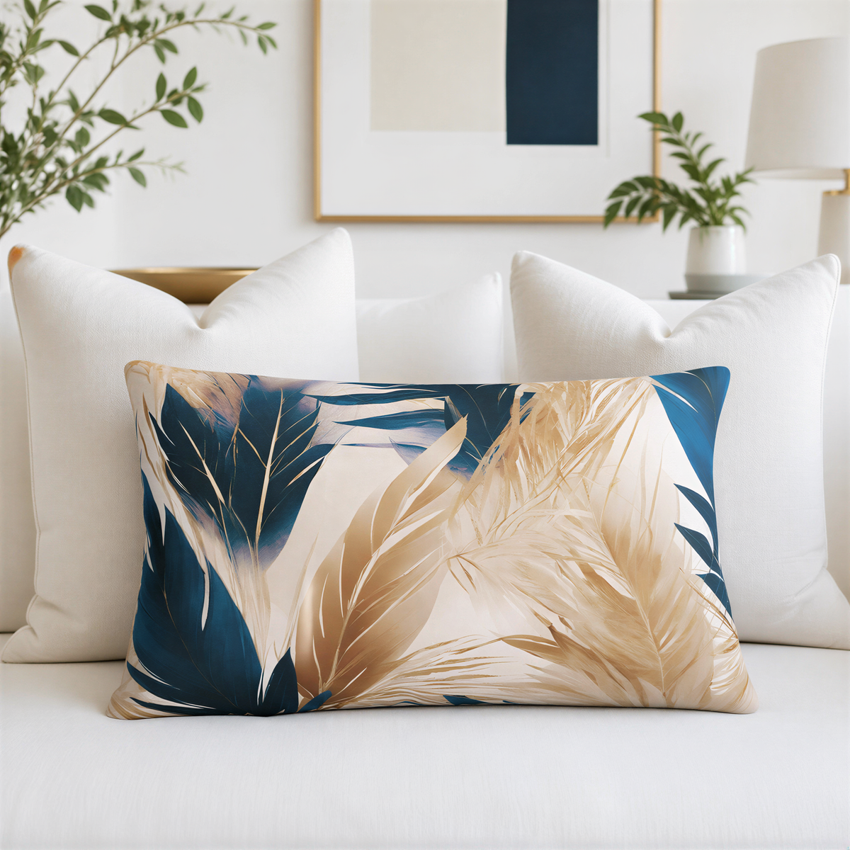 a decorative pillow with a tropical leaf pattern in shades of blue and gold, placed on a white bed.