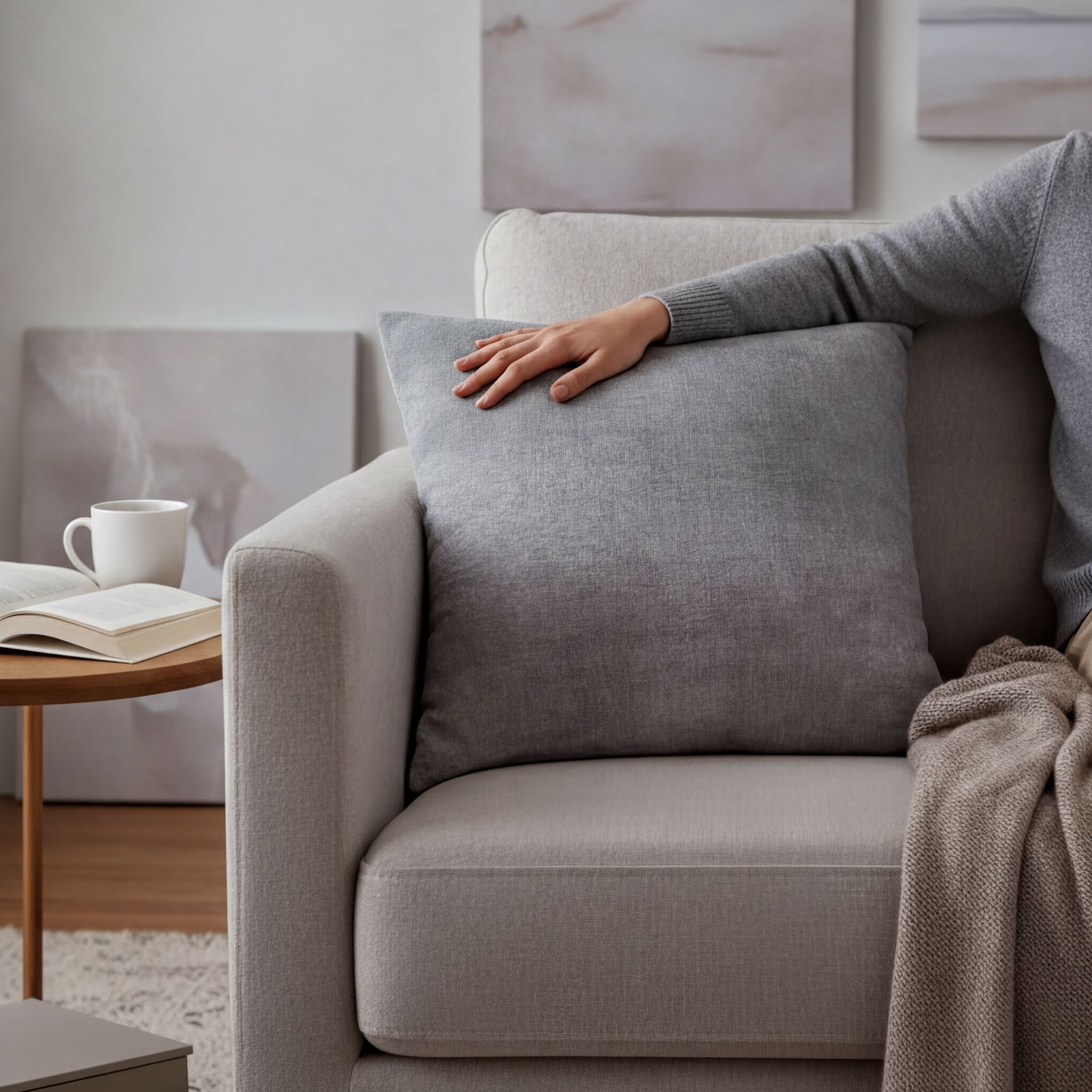 A person is sitting on a gray couch, resting their hand on a gray pillow, with a book and a coffee cup nearby.