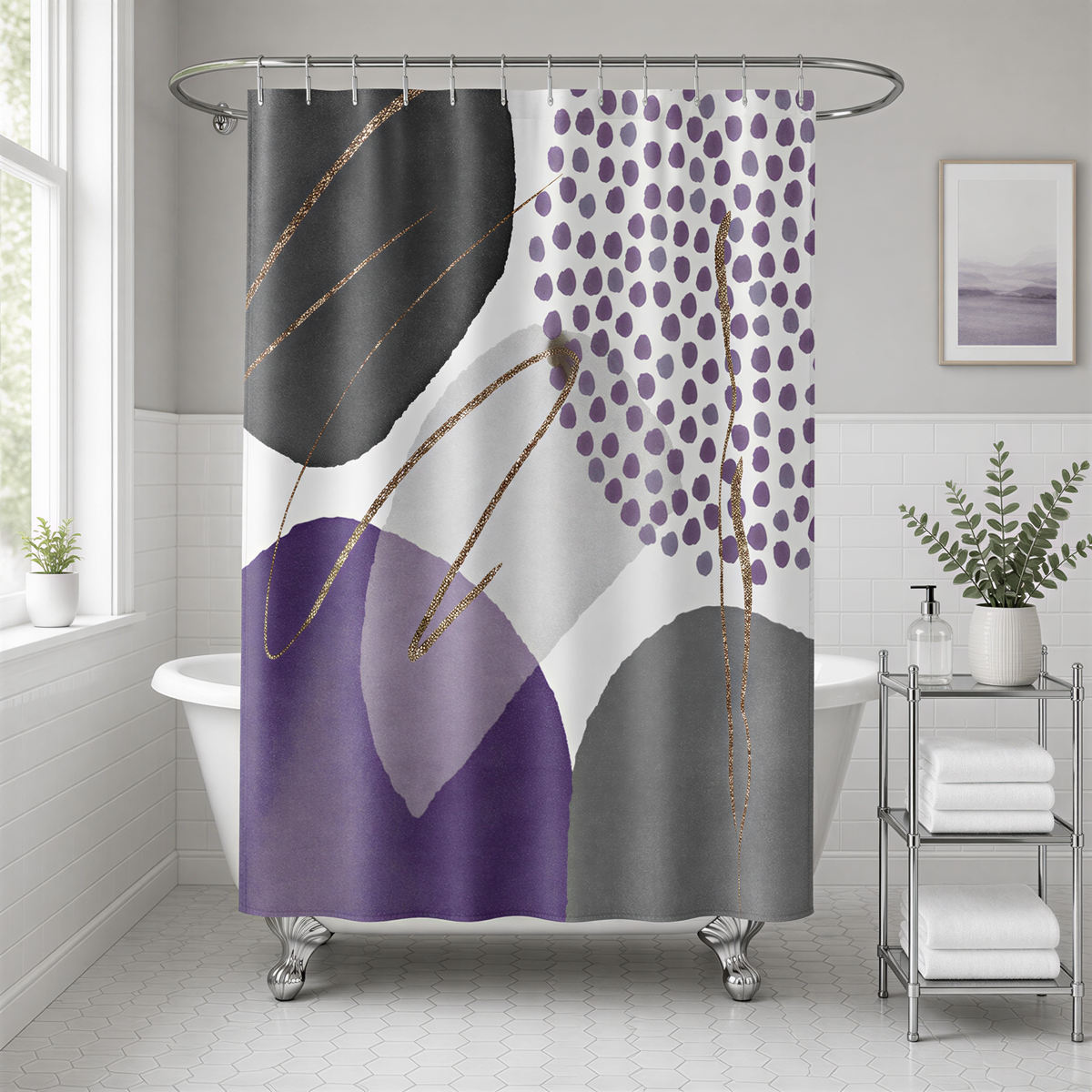 a bathroom with a white bathtub, a shower curtain with abstract patterns in purple and gray, and a shelf with a plant and toiletries.