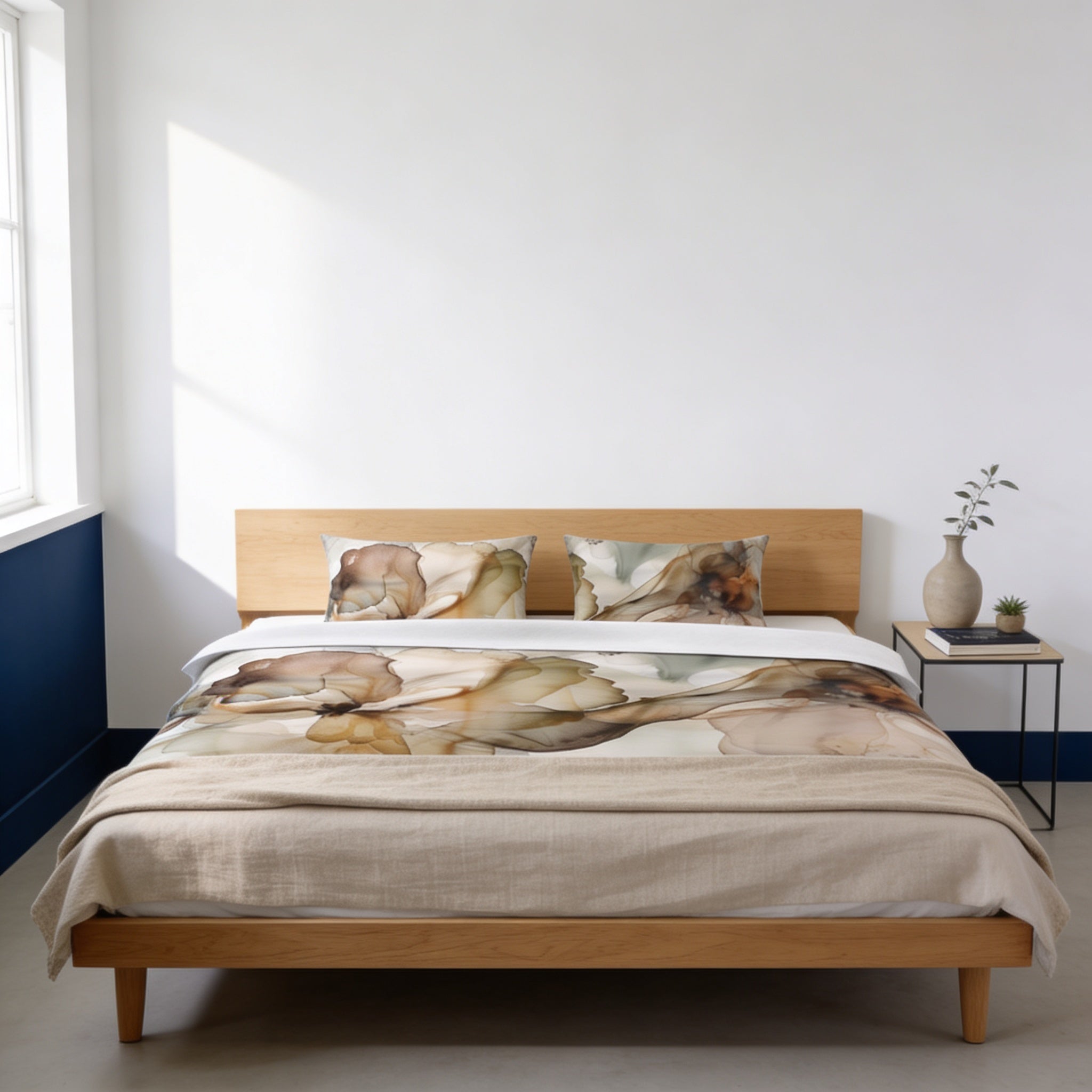 a bedroom with a bed featuring a floral print comforter and pillows. The bed is positioned against a white wall, with a nightstand and a plant on the nightstand.
