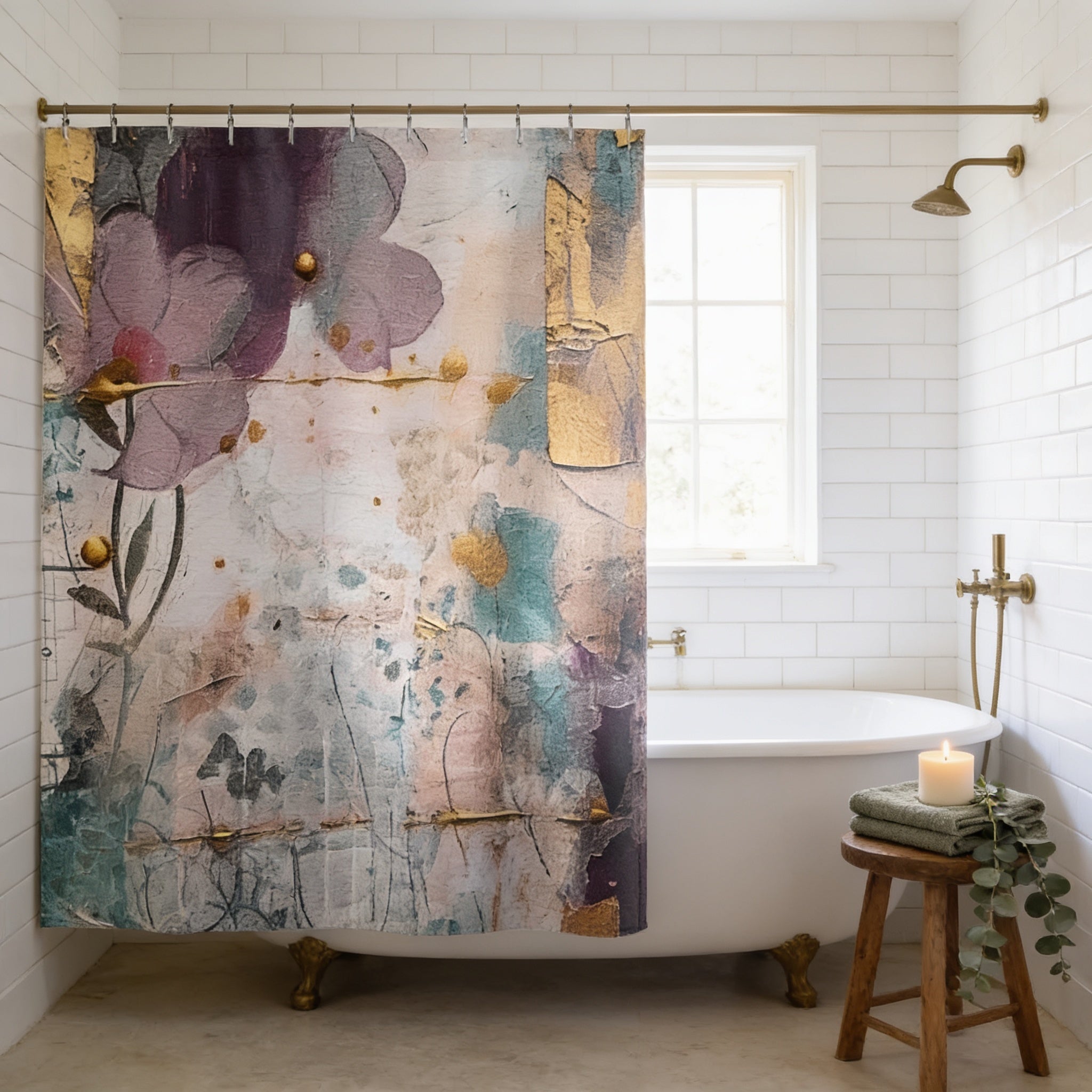 a bathroom with a white bathtub, a shower curtain featuring a colorful abstract design, and a wooden stool with a green plant on it.