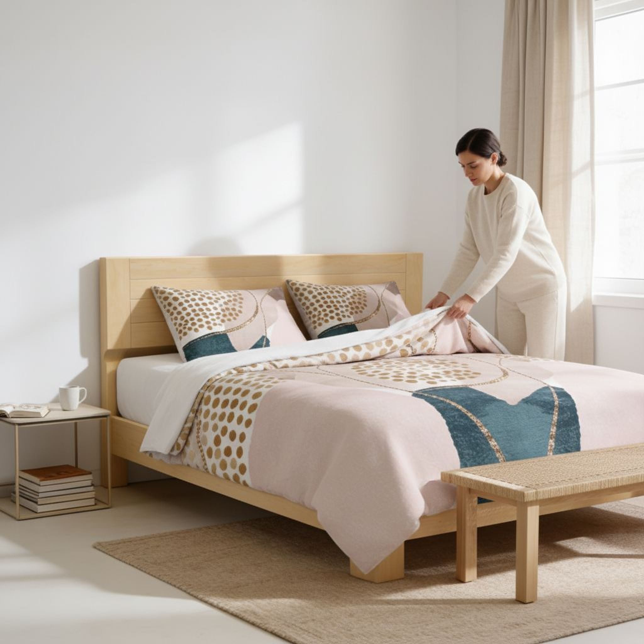 A woman is arranging a bed with a pink and blue patterned comforter and pillows in a bedroom.