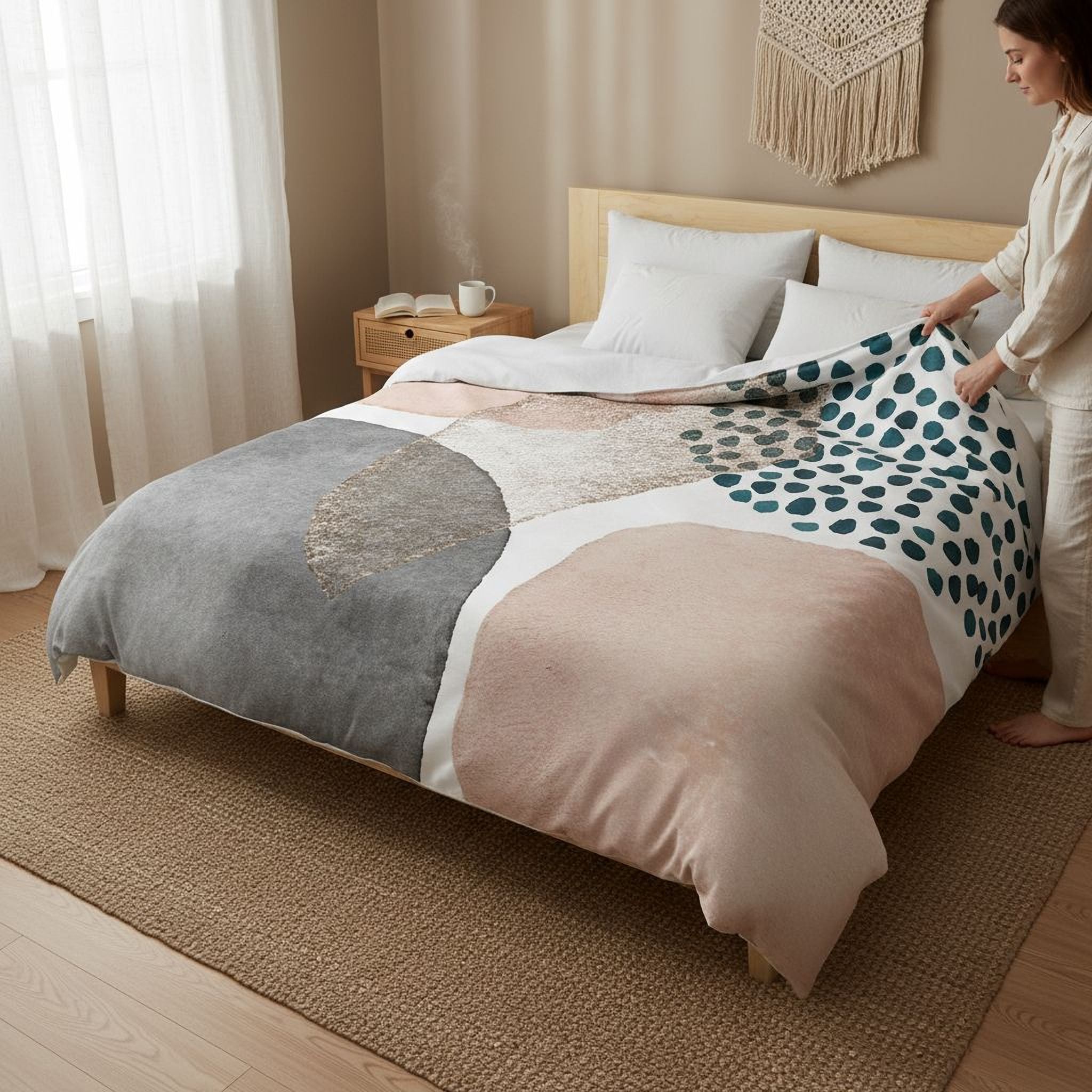 A woman is standing in a bedroom, placing a colorful, patterned comforter on a bed with a wooden headboard.