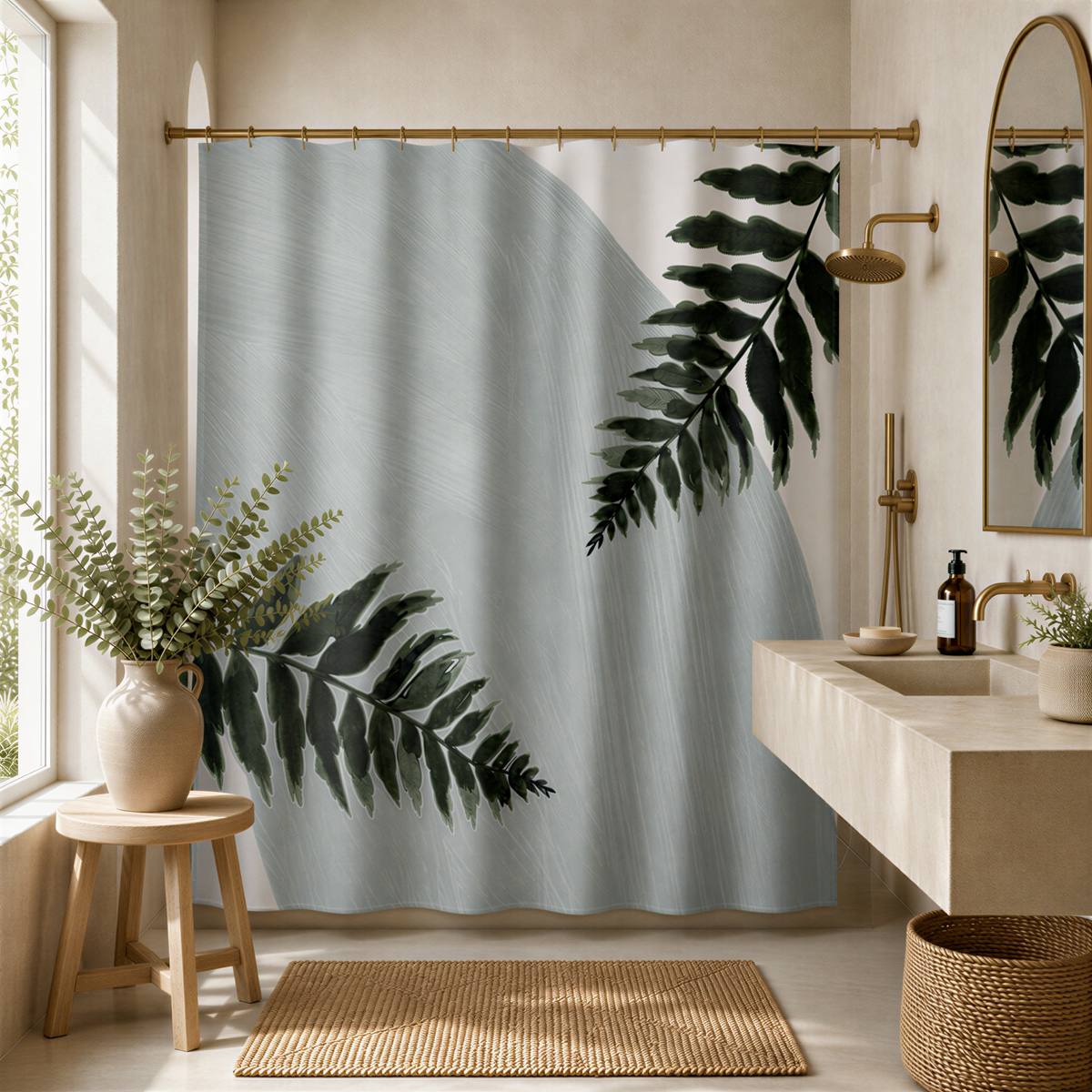 a modern bathroom with a large window, a shower curtain featuring a leaf design, a wooden stool, a sink, and a mirror.