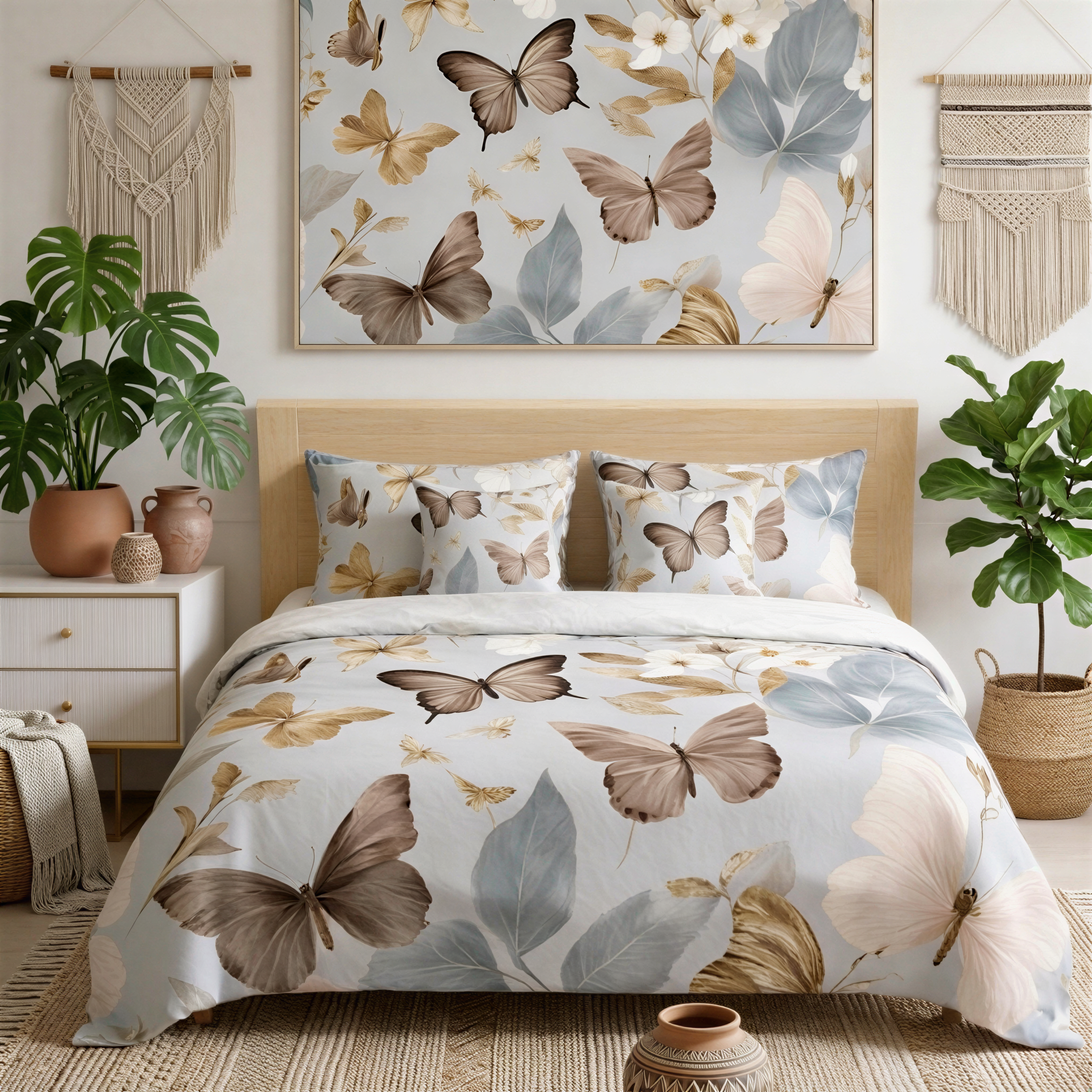 a bedroom with a large bed adorned with a comforter featuring a butterfly and leaf pattern. The bed is surrounded by various decorative elements, including a potted plant, a woven basket, and a wall hanging. The overall color scheme of the room is predominantly white and light blue, creating a serene and calming atmosphere.