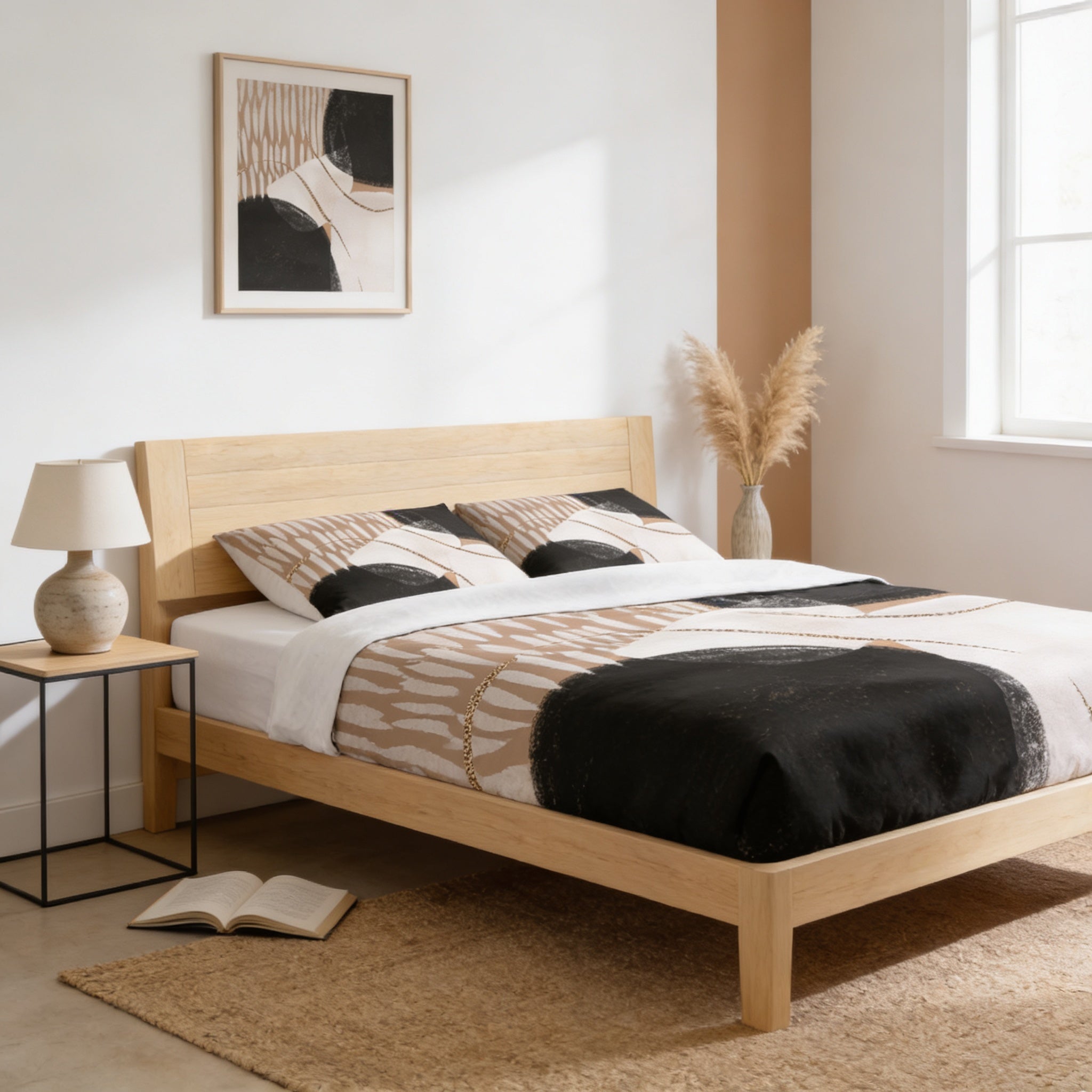 a modern bedroom with a wooden bed frame, a black and white patterned comforter, and a lamp on a side table. The room has a minimalist and clean design, with a large window providing natural light.