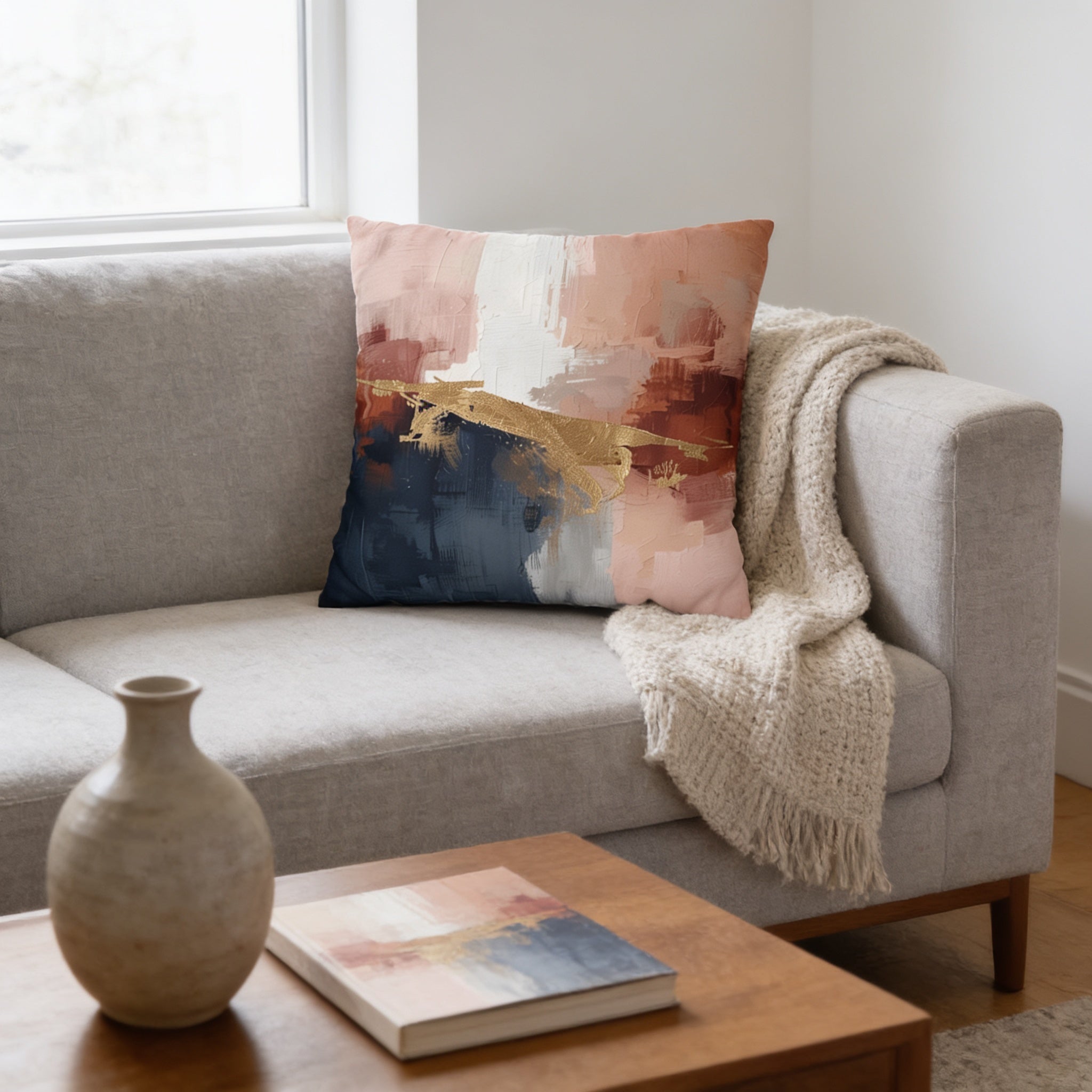 a gray sofa with a colorful abstract throw pillow on it, placed on a wooden coffee table. There is a vase and a book on the table, and a window can be seen in the background.