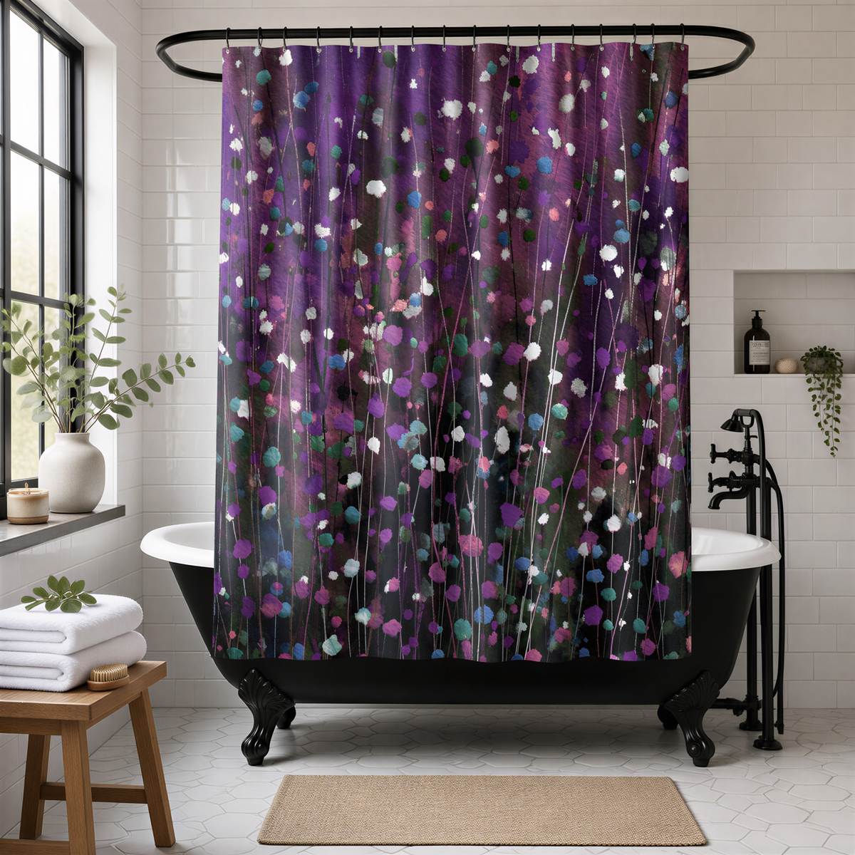 a bathroom with a black clawfoot bathtub, a shower curtain with a purple and white abstract pattern, and a wooden stool.