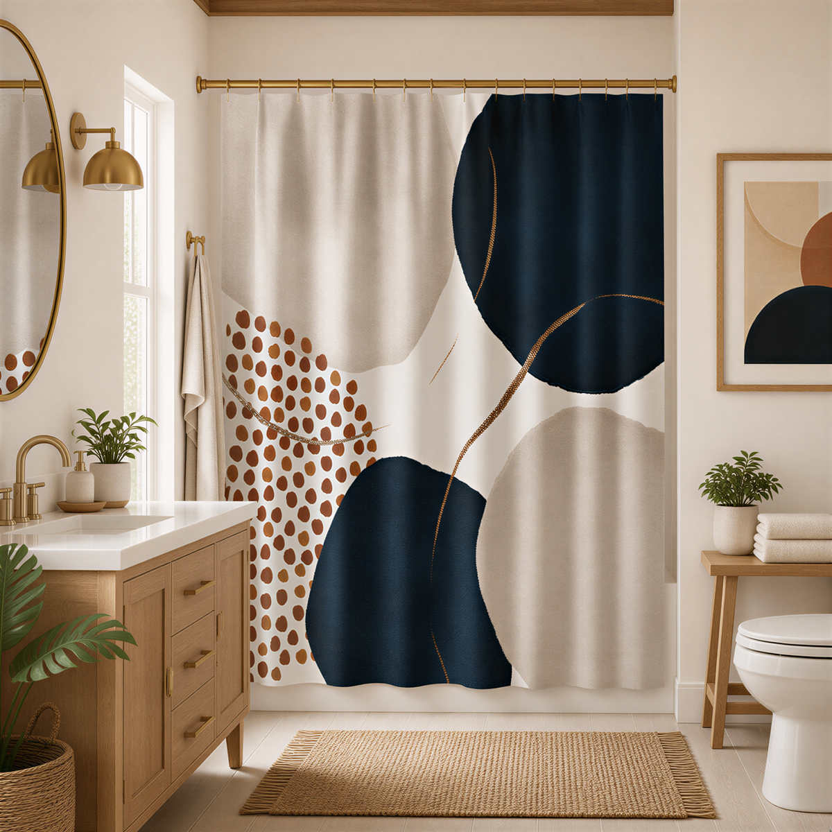 a modern bathroom with a large abstract shower curtain featuring blue and white circles and brown polka dots. The bathroom is well-decorated with a wooden vanity, a mirror, and various plants.