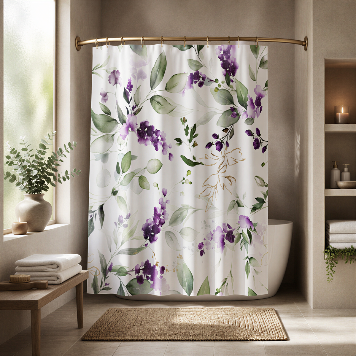 a bathroom with a shower curtain featuring a floral pattern in shades of purple and green. The curtain is hanging from a rod above a white bathtub. The bathroom also includes a wooden bench, a rug, and a window with a plant on the sill.