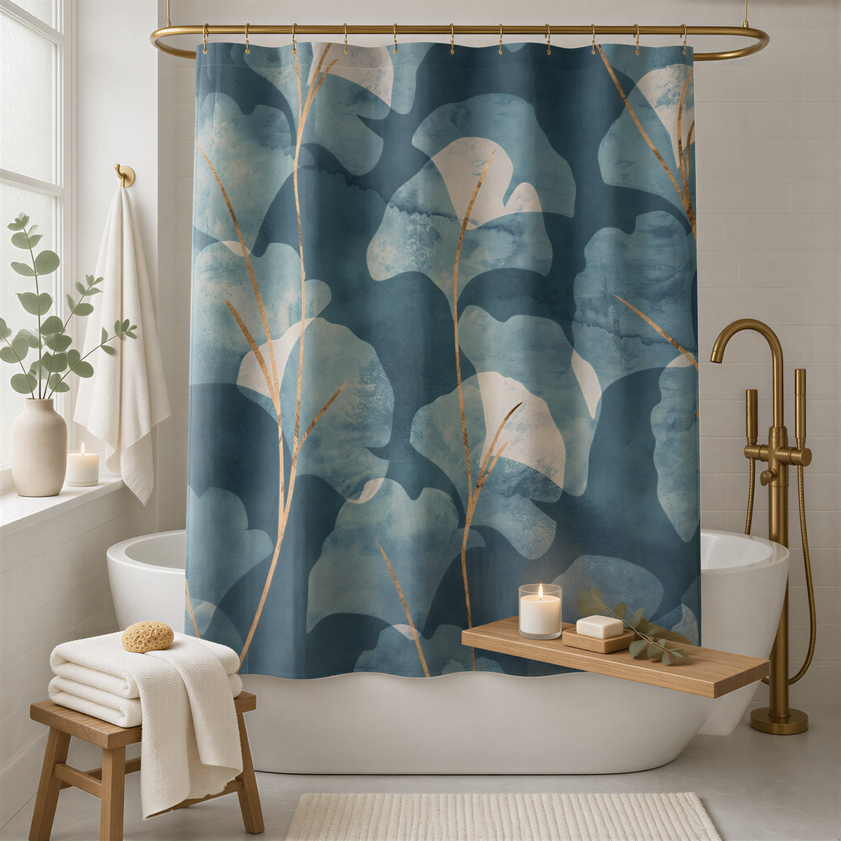 a bathroom with a blue and white patterned shower curtain, a wooden bench, a white bathtub, and a small plant.