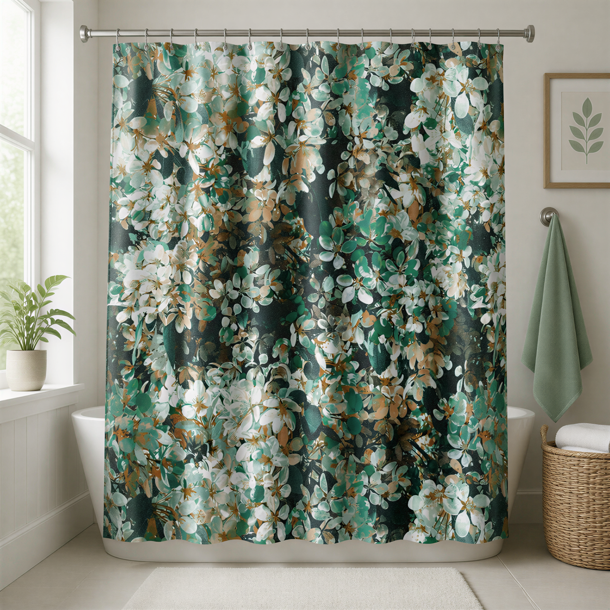 a bathroom with a shower curtain adorned with a floral pattern in shades of green and white. The shower curtain is hanging from a rod, and there is a basket and a plant visible in the room.