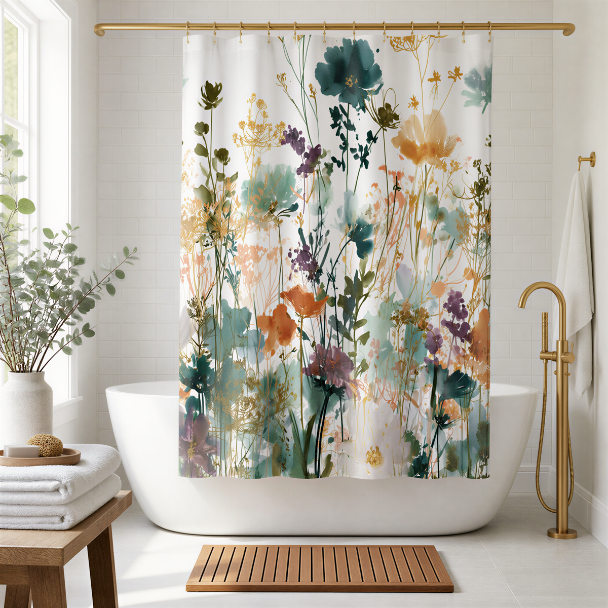 a bathroom with a white bathtub, a shower curtain with a floral print, a wooden bench, and a potted plant.
