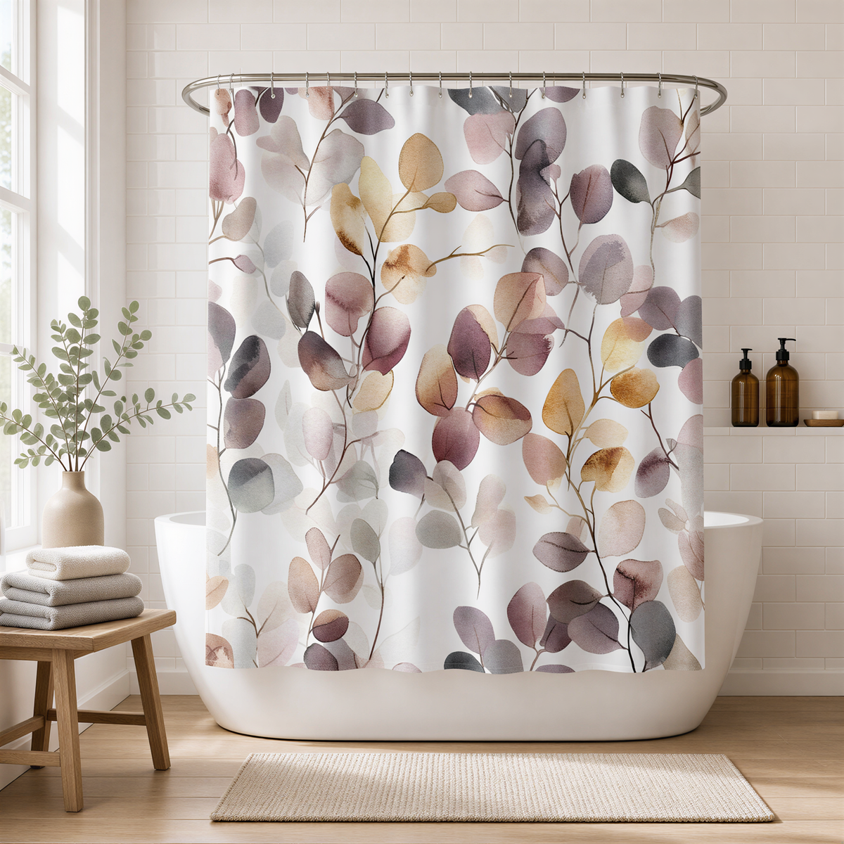a bathroom with a white bathtub, a shower curtain with a leafy pattern, and a wooden stool. There are also some bottles on the counter.